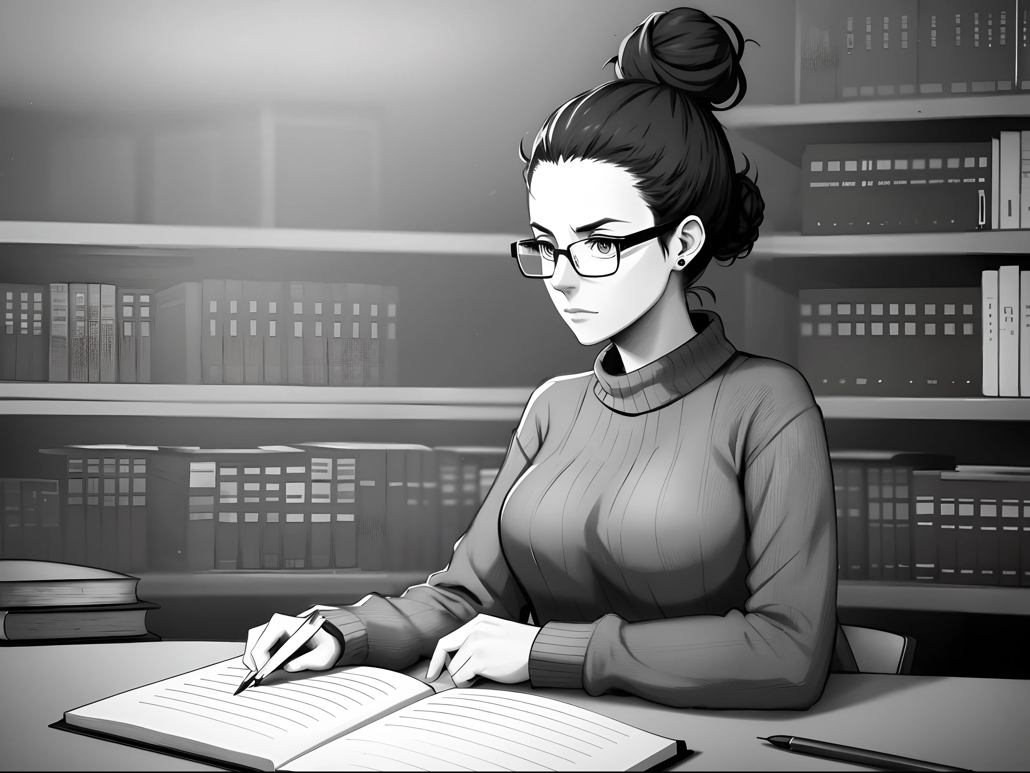 Female character, contemplative, Sitting, Oversized sweater, Loose, Messy bun, library, bookshelves, Sketch, charcoal, the number, Moody, Atmospheric, introspective, Glasses, notebooks, A cup of tea.