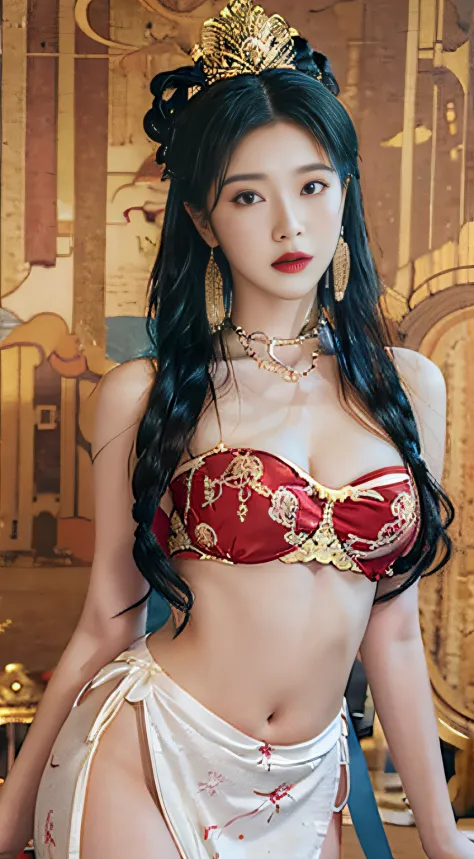 (masterpiece, 8k_wallpaper:1.2 ), Soft and long hair,light blue hair,white hip wrap dress,golden crown,mooning,big long legs, Perfect body proportions,look down, look at viewer,  bun,Closed_Mouth,Earrings,jewelry,Lips,red lip,eyelashes,jewely,choker neckla...
