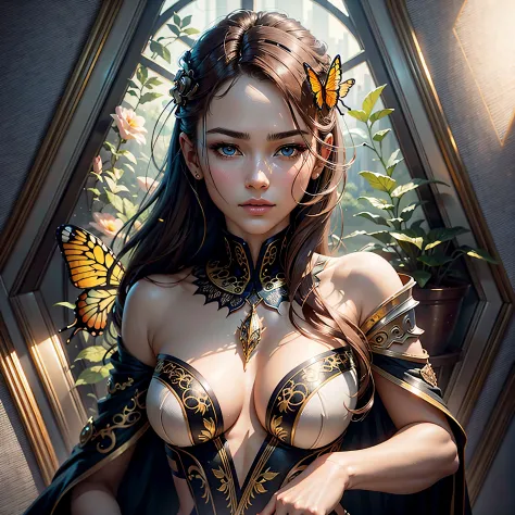 best quality, masterpiece, (realistic:1.2), detailed face, beautiful eyes, 8k portrait of beautiful cyborg with brown hair, intricate, elegant, highly detailed, majestic, digital photography, art by art Germ and Ruan jia and Greg Rutkowski surreal painting...