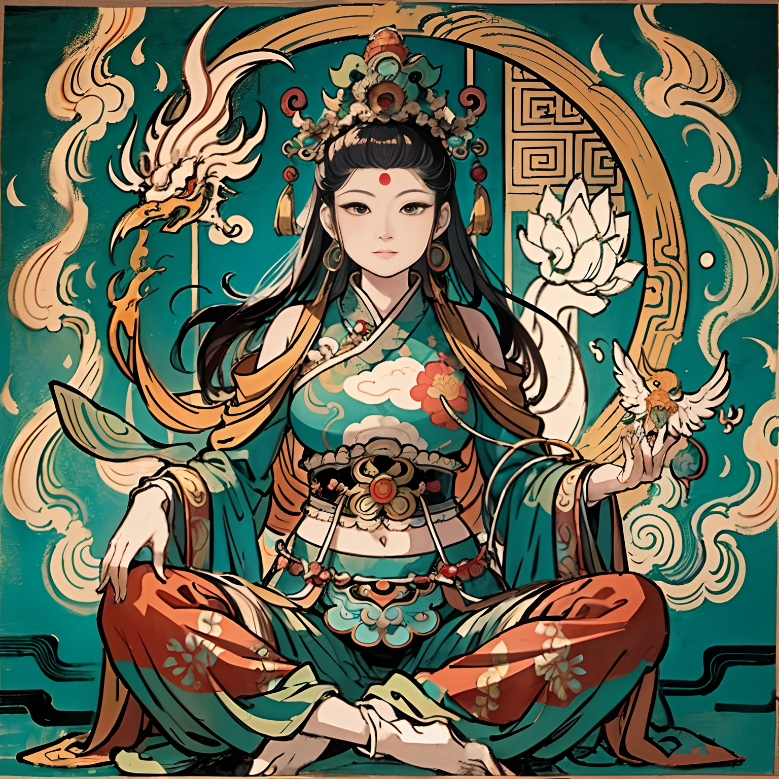 Une peinture d'une femme assise dans la position du lotus avec un dragon  - SeaArt AI