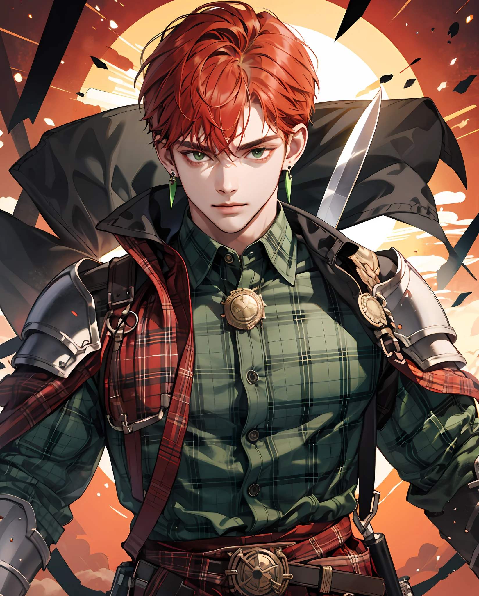 A close up of a person with a sword and a red hair - SeaArt AI