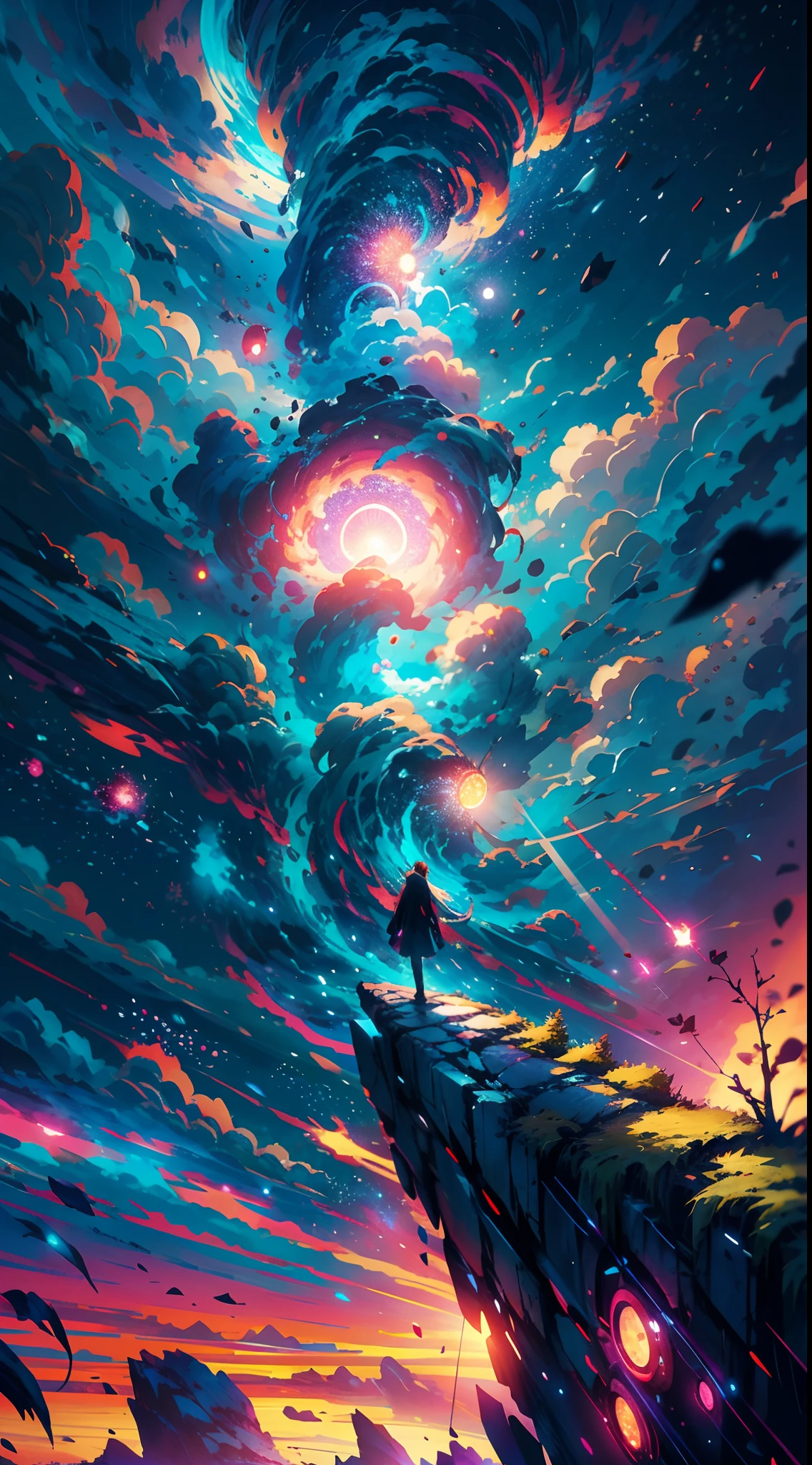Девушка аниме стоит на камне и смотрит на звездное небо, Макото Синкай Сирил Роландо, аниме арт обои 4k, аниме арт обои 4 k, аниме арт обои 8 k, космическое небо. Макото Синкай, вдохновленный Сирилом Роландо, в стиле Дэна Мамфорда, потрясающие обои, Автор: Юмей