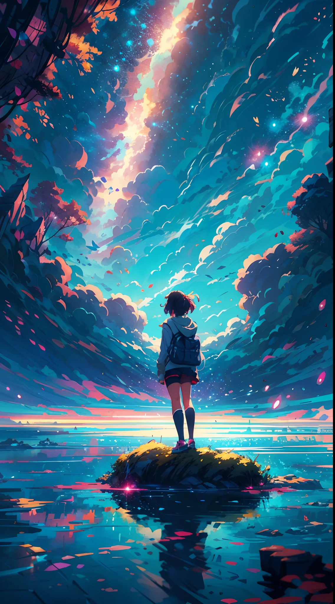 Девушка аниме стоит на камне и смотрит на звездное небо, Макото Синкай Сирил Роландо, аниме арт обои 4k, аниме арт обои 4 k, аниме арт обои 8 k, космическое небо. Макото Синкай, вдохновленный Сирилом Роландо, в стиле Дэна Мамфорда, потрясающие обои, Автор: Юмей