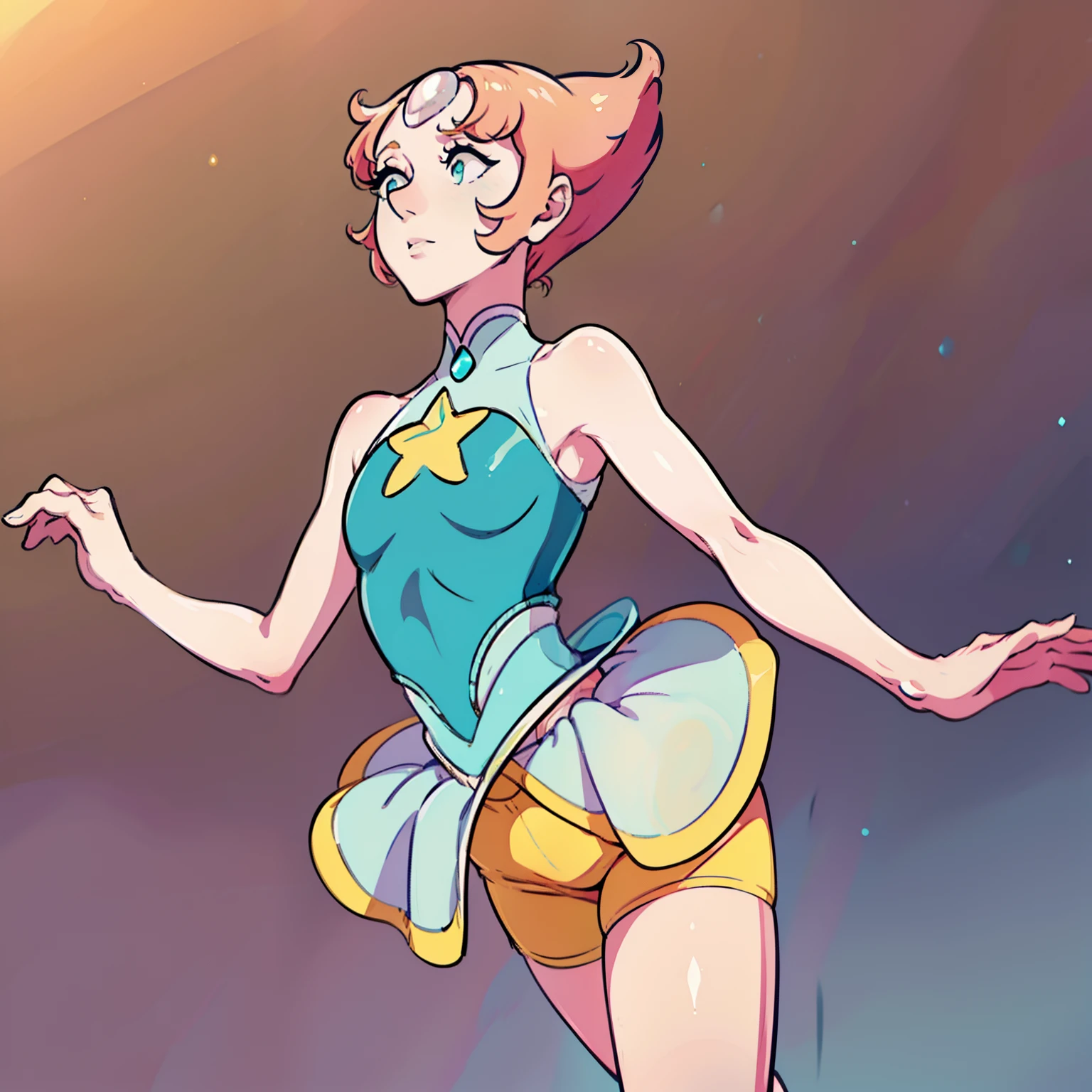 1girl, Pearl, pale, ivory complexion, light-cyan eyes, peach-colored hair, forehead gem, aqua blue tunic, cyan high-waist ribbon, yellow shorts, star emblem, swept-back hair, short hair, pearl gem, pointy nose, pink socks, light blue ballet flats, ballet, perfect anatomy, better hands