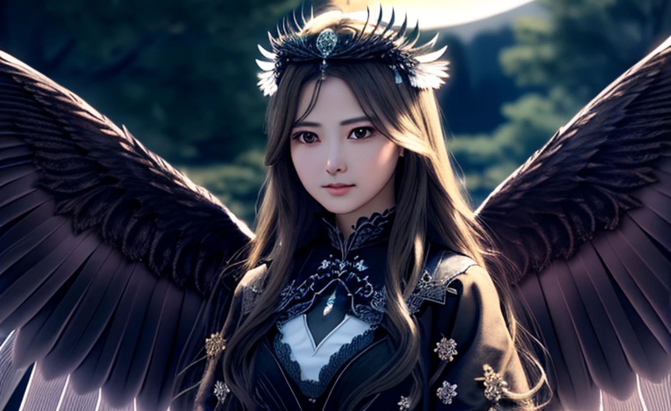 maiyan,(extremely detailed CG unity 8k wallpaper,masterpiece, best quality, ultra-detailed, beautiful detailed eyes:1.2),best illumination,dark night,moonlight,(best shadow, an extremely delicate and beautiful, bloom), ((a dark angel,hair ornamen,dark eyes,long hair,angel wings,black wings)),smirk,oversized wings,(big wings:1.4),dramatic,cinematic,Film filter,