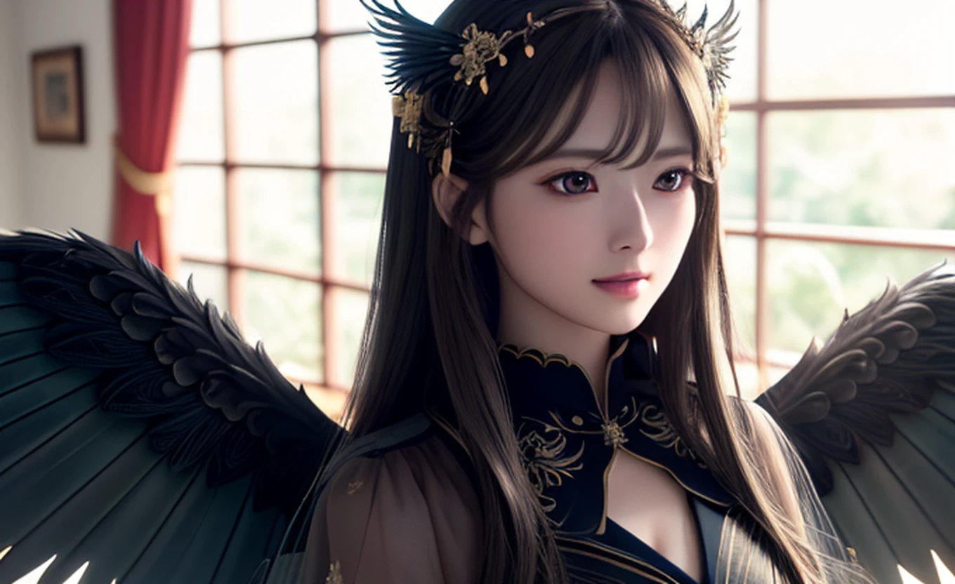 maiyan,(extremely detailed CG unity 8k wallpaper,masterpiece, best quality, ultra-detailed, beautiful detailed eyes:1.2),best illumination,dark night,moonlight,(best shadow, an extremely delicate and beautiful, bloom), ((a dark angel,hair ornamen,dark eyes,long hair,angel wings,black wings)),smirk,oversized wings,(big wings:1.4),dramatic,cinematic,Film filter,