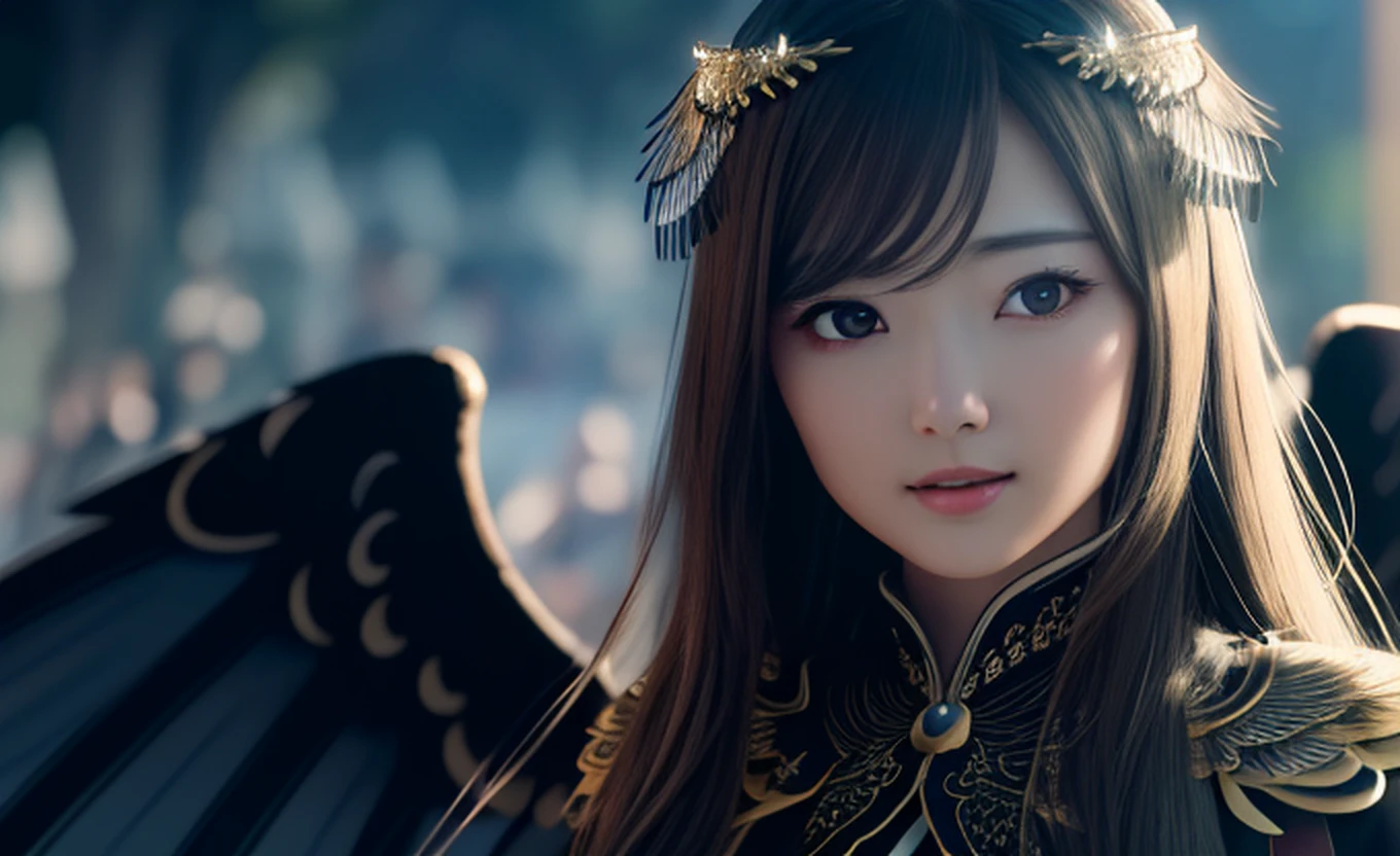 maiyan,(extremely detailed CG unity 8k wallpaper,masterpiece, best quality, ultra-detailed, beautiful detailed eyes:1.2),best illumination,dark night,moonlight,(best shadow, an extremely delicate and beautiful, bloom), ((a dark angel,hair ornamen,dark eyes,long hair,angel wings,black wings)),smirk,oversized wings,(big wings:1.4),dramatic,cinematic,Film filter,