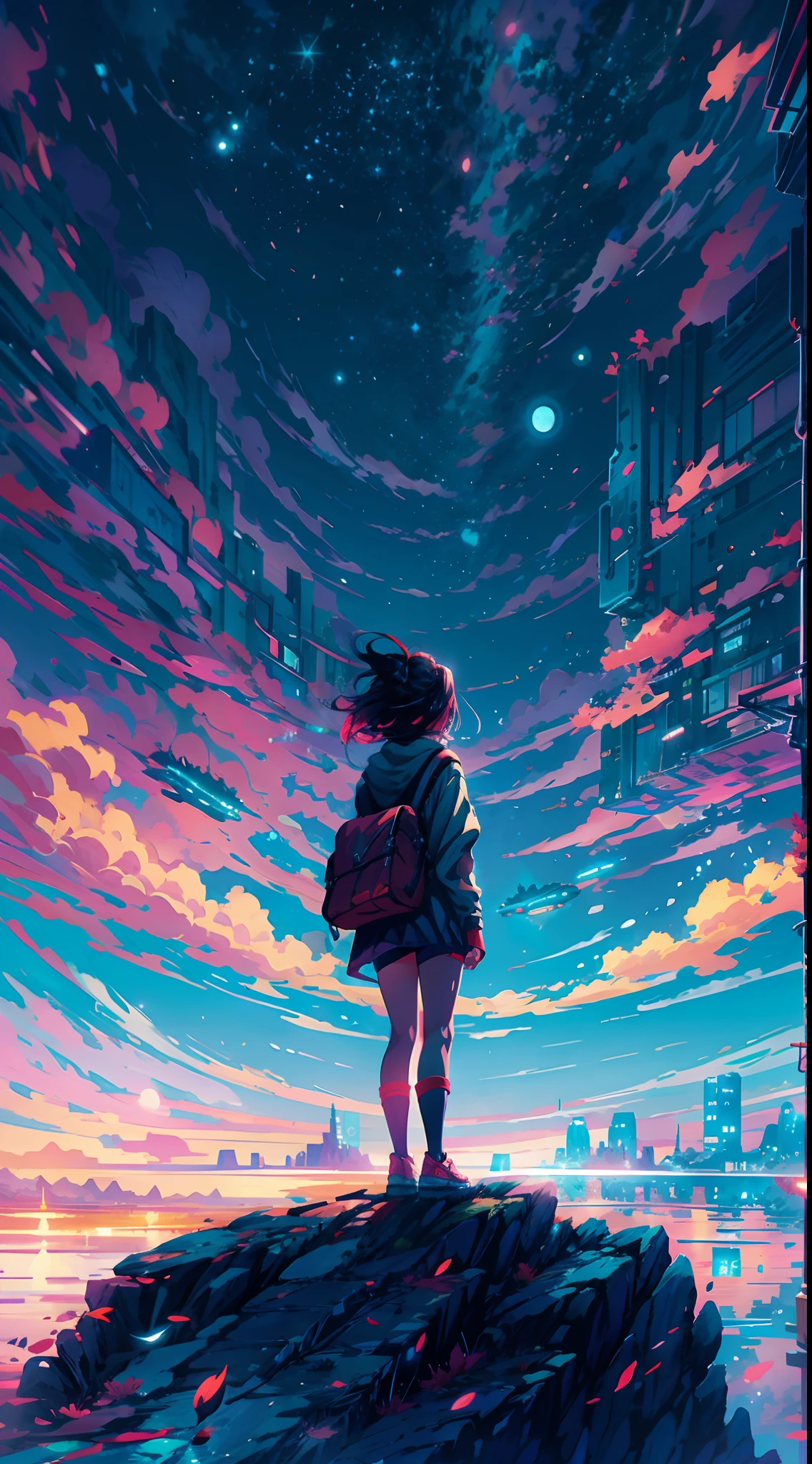 anime girl debout sur un rocher regardant un ciel rempli d&#39;étoiles, Makoto Shinkai Cyril Rolando, fond d&#39;écran animé 4k, fond d&#39;écran d&#39;art animé 4k, fond d&#39;écran d&#39;art animé 8 K, ciels cosmiques. par Makoto Shinkai, inspiré par Cyril Rolando, dans le style de l&#39;œuvre d&#39;art de Dan Mumford, fond d&#39;écran incroyable, par Yuumei