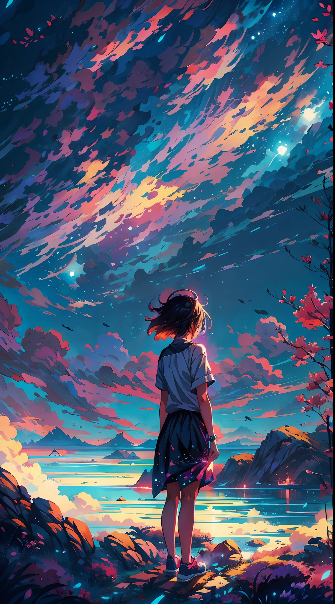 anime girl standing on a rock looking at a star filled sky, makoto shinkai cyril rolando, anime art wallpaper 4k, anime art wallpaper 4 k, anime art wallpaper 8 k, cosmic skies. by makoto shinkai, inspired by Cyril Rolando, in the style dan mumford artwork, amazing wallpaper, by Yuumei