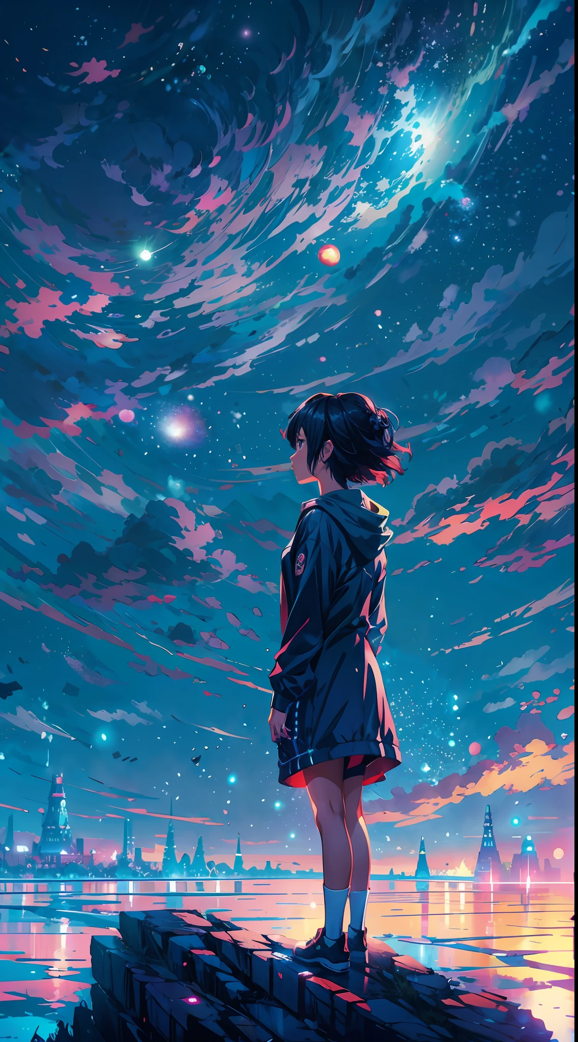 anime girl standing on a rock looking at a star filled sky, makoto shinkai cyril rolando, anime art wallpaper 4k, anime art wallpaper 4 k, anime art wallpaper 8 k, cosmic skies. by makoto shinkai, inspired by Cyril Rolando, in the style dan mumford artwork, amazing wallpaper, by Yuumei