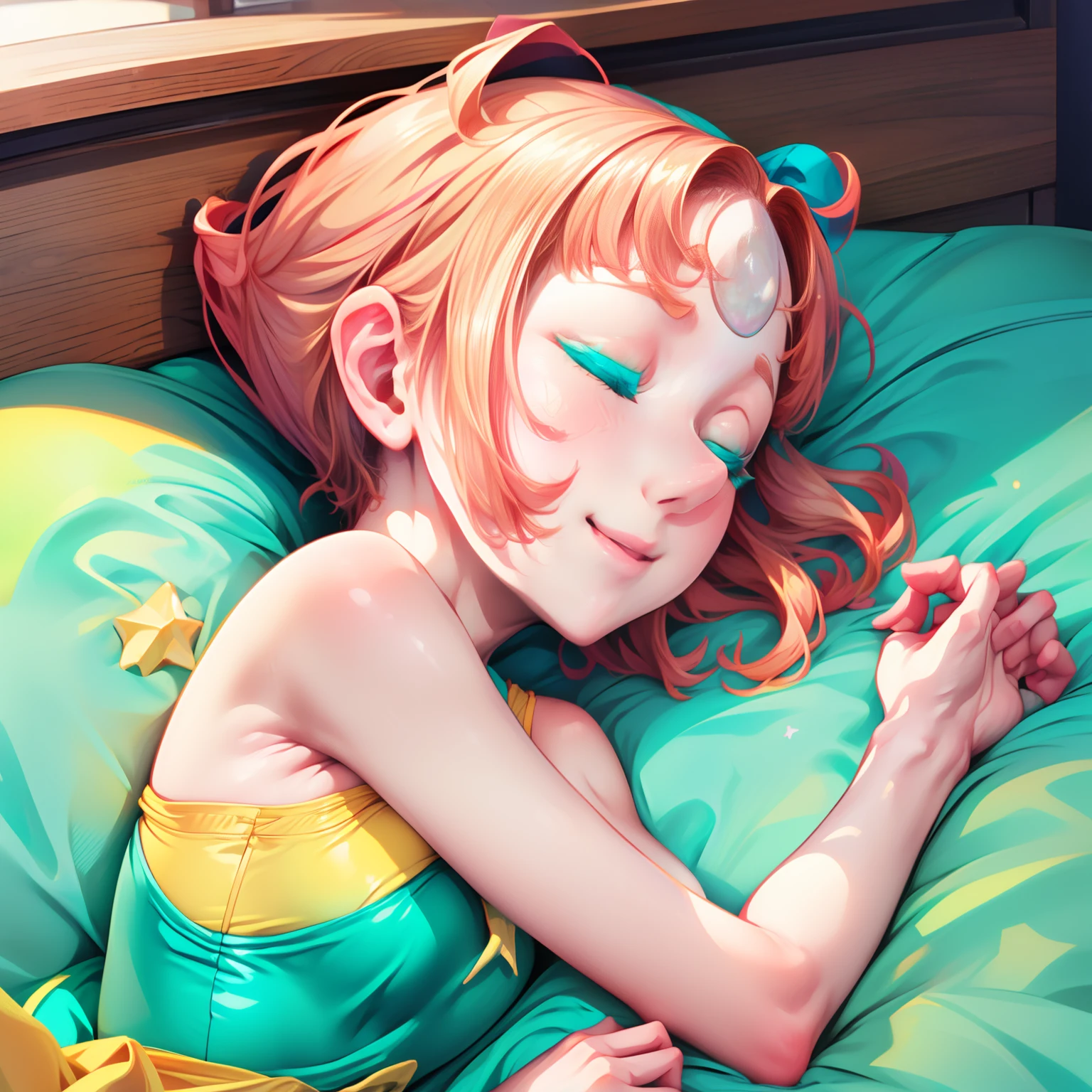 1girl, Pearl, pale, ivory complexion, light-cyan eyes, peach-colored hair, forehead gem, aqua blue tunic, cyan high-waist ribbon, yellow shorts, star emblem, swept-back hair, short hair, pearl gem, pointy nose, pink socks, light blue ballet flats, sleeping, closed eyes, perfect anatomy, better hands