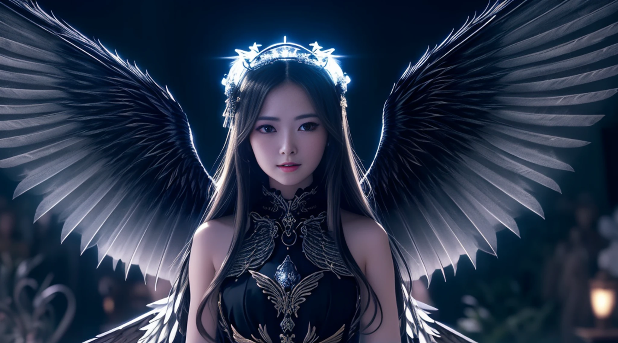 maiyan,(extremely detailed CG unity 8k wallpaper,masterpiece, best quality, ultra-detailed, beautiful detailed eyes:1.2),best illumination,dark night,moonlight,(best shadow, an extremely delicate and beautiful, bloom), ((a dark angel,hair ornamen,dark eyes,long hair,angel wings,black wings)),smirk,oversized wings,(big wings:1.4),dramatic,cinematic,Film filter,