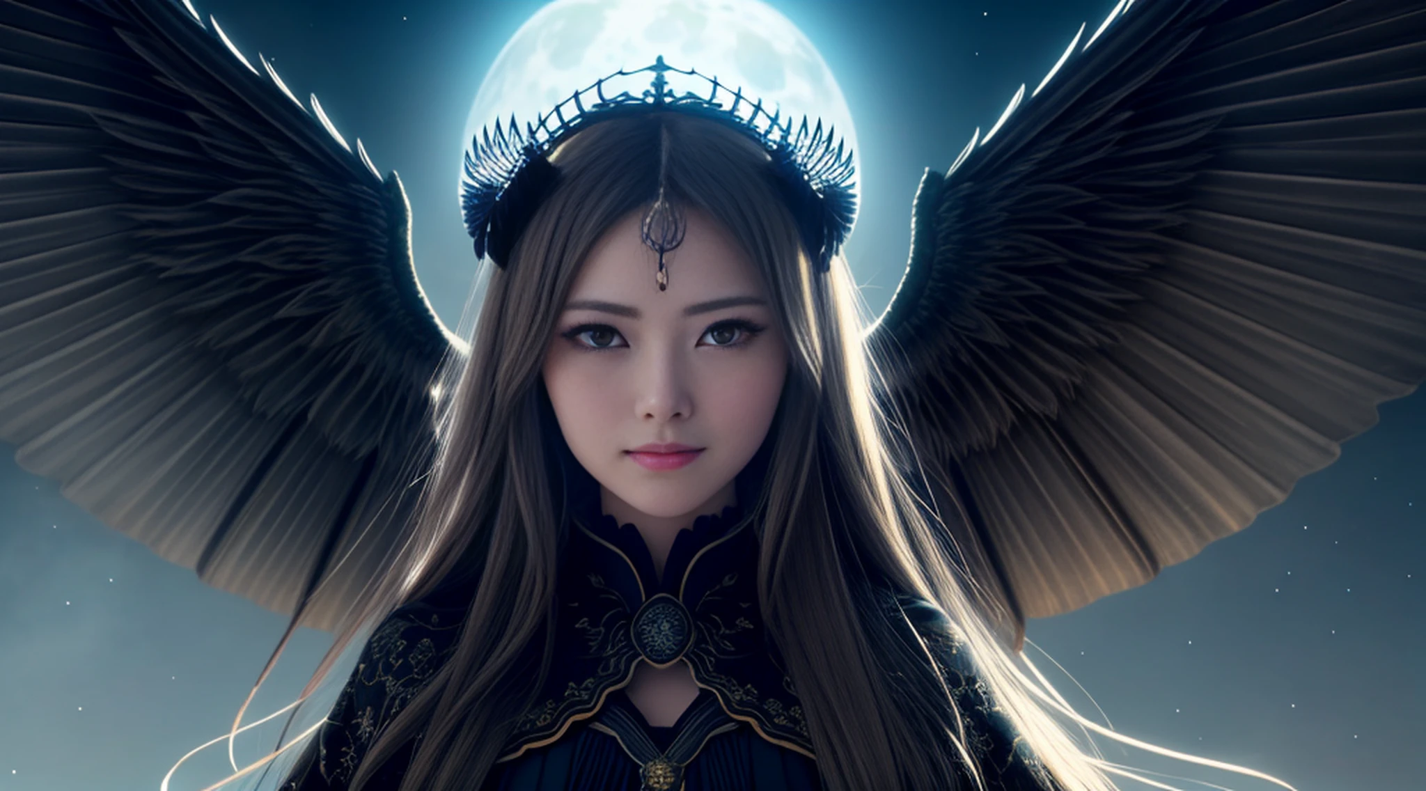 maiyan,(extremely detailed CG unity 8k wallpaper,masterpiece, best quality, ultra-detailed, beautiful detailed eyes:1.2),best illumination,dark night,moonlight,(best shadow, an extremely delicate and beautiful, bloom), ((a dark angel,hair ornamen,dark eyes,long hair,angel wings,black wings)),smirk,oversized wings,(big wings:1.4),dramatic,cinematic,Film filter,