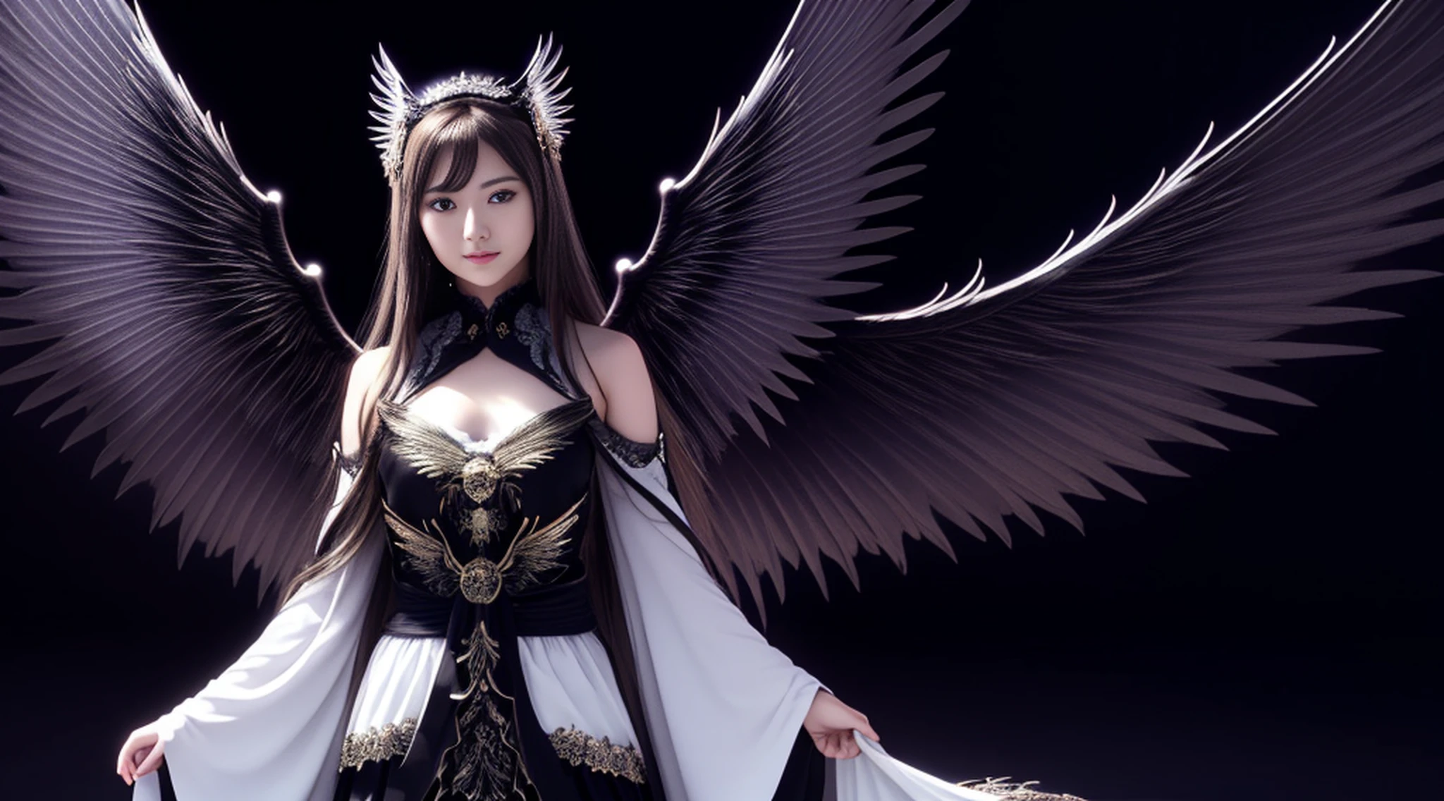 maiyan,(extremely detailed CG unity 8k wallpaper,masterpiece, best quality, ultra-detailed, beautiful detailed eyes:1.2),best illumination,dark night,moonlight,(best shadow, an extremely delicate and beautiful, bloom), ((a dark angel,hair ornamen,dark eyes,long hair,angel wings,black wings)),smirk,oversized wings,(big wings:1.4),dramatic,cinematic,Film filter,