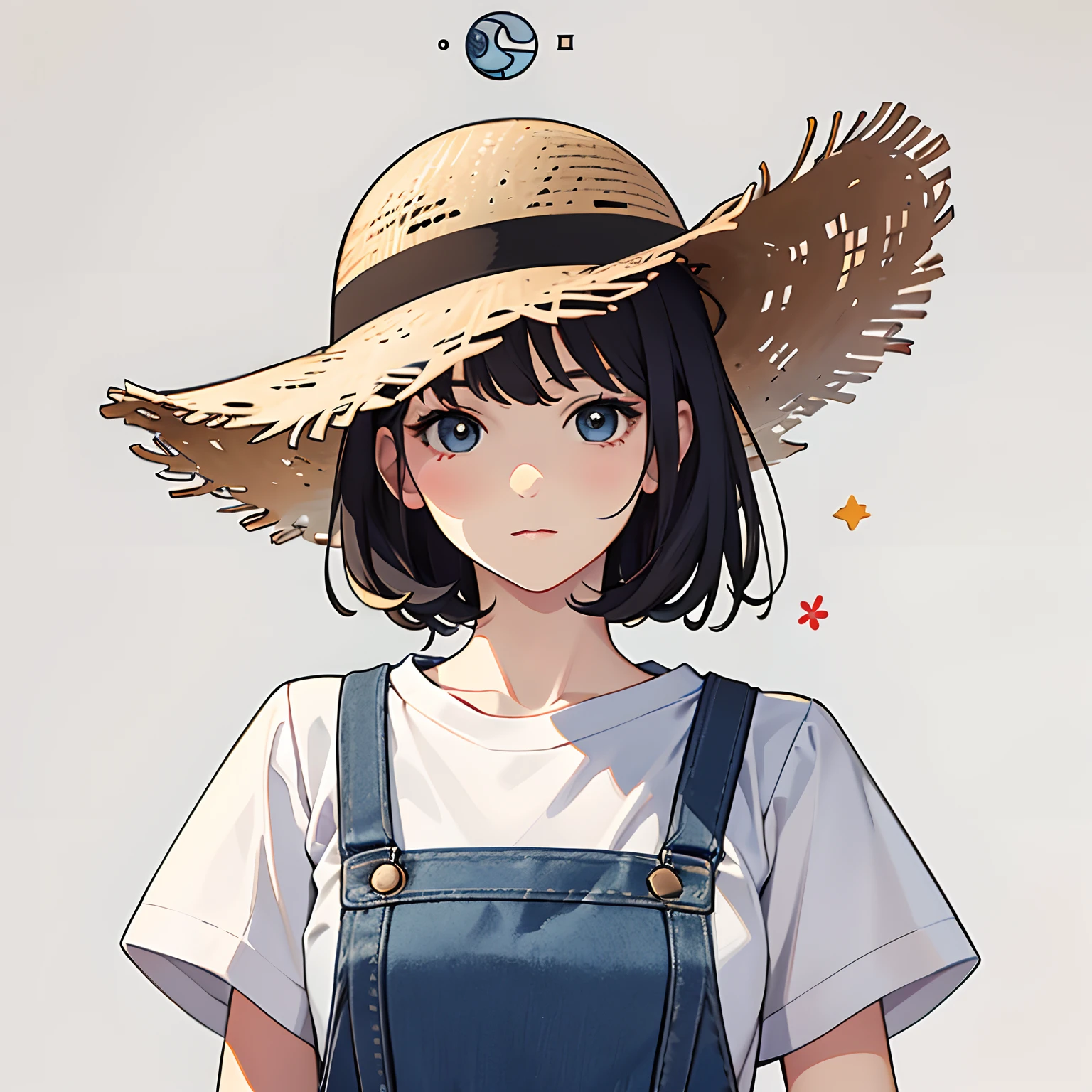 (Character stickers:1.2), Simple design, White plain background,A girl wearing plain white shirt jeans all over,Black hair short hair,Upright,Straw hat