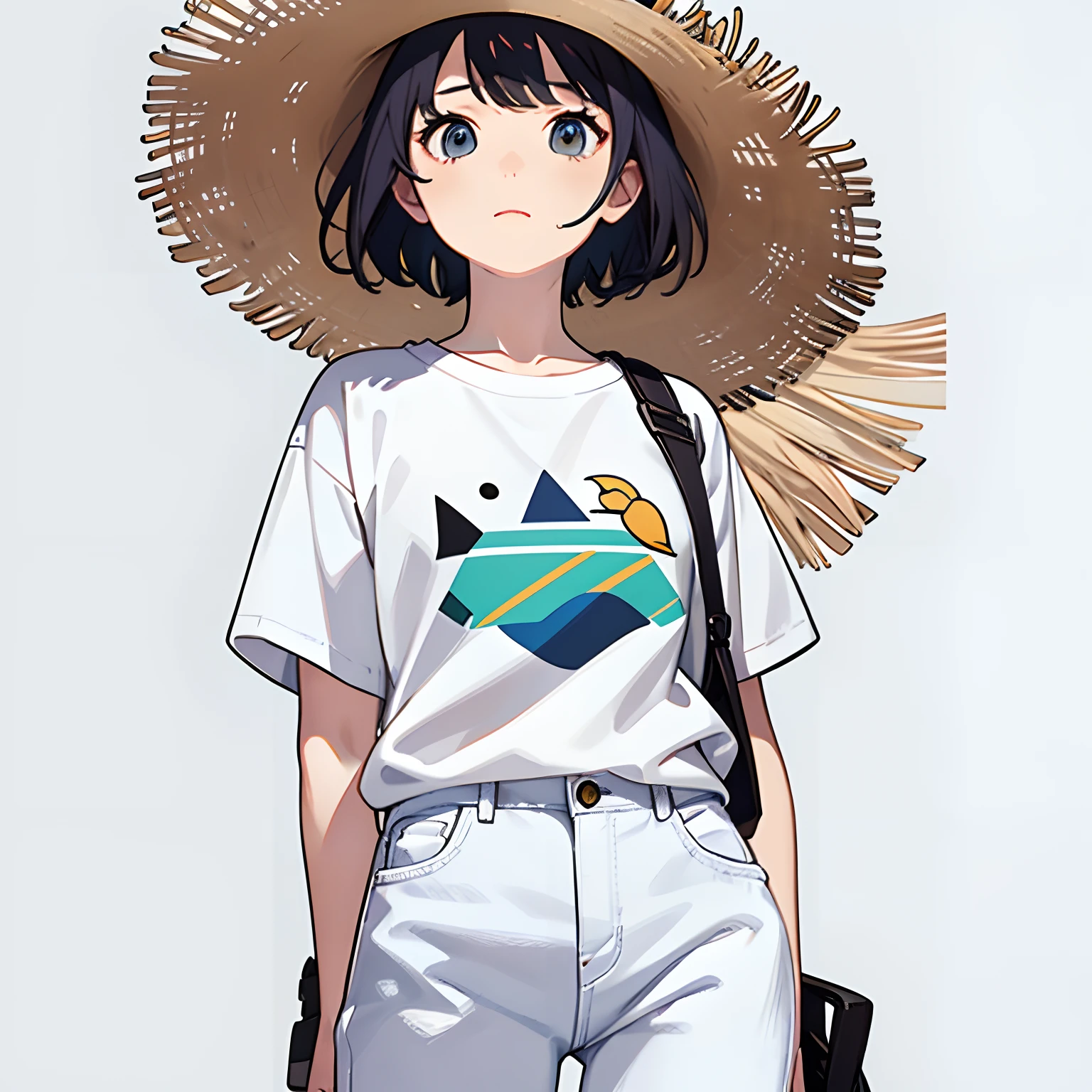(Character stickers:1.2), Simple design, White plain background,A girl wearing plain white shirt jeans all over,Black hair short hair,Upright,Straw hat