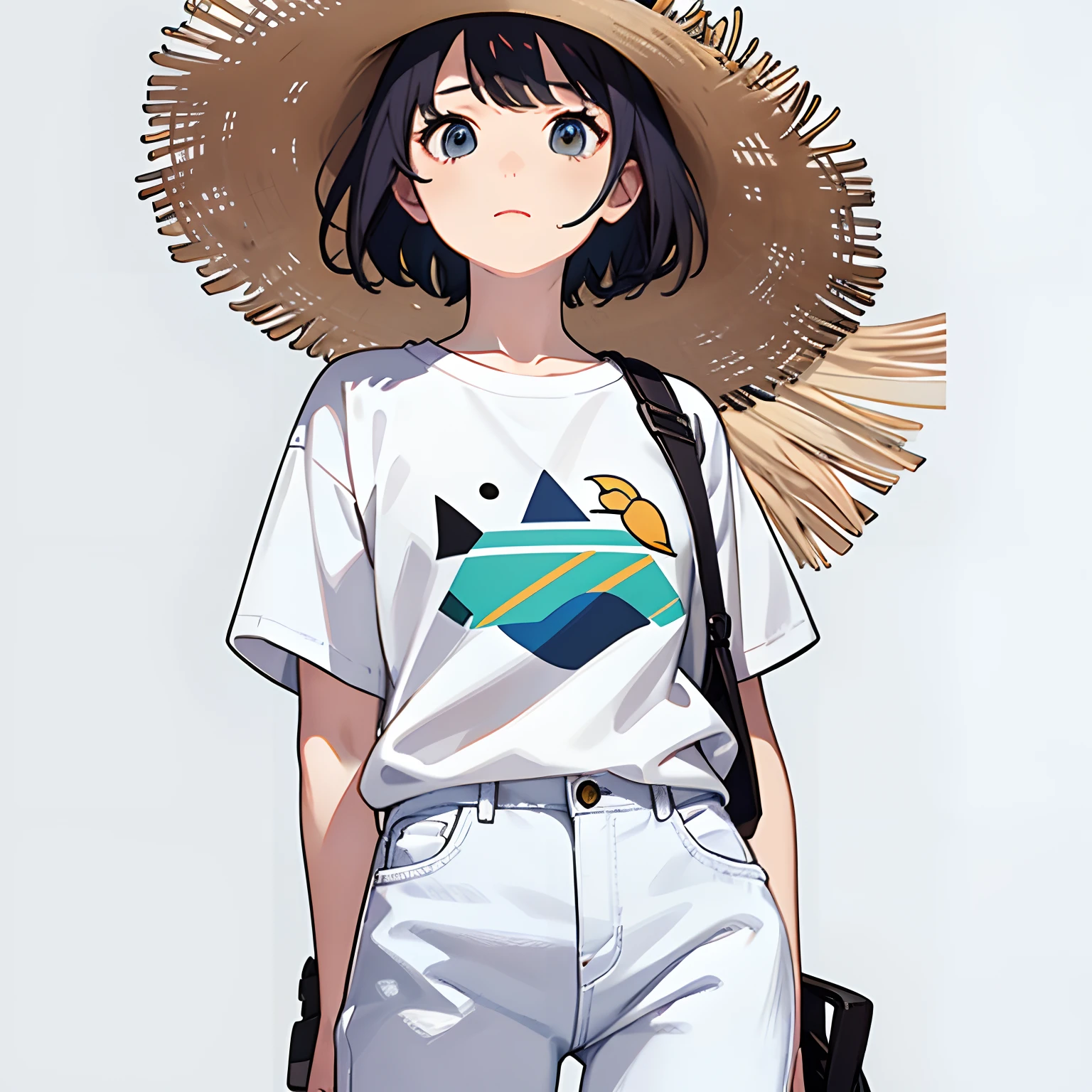 (Pegatinas de personajes:1.2), diseño simple, fondo blanco liso,Una chica con camisa blanca y jeans por todas partes.,pelo negro pelo corto,vertical,sombrero de copa