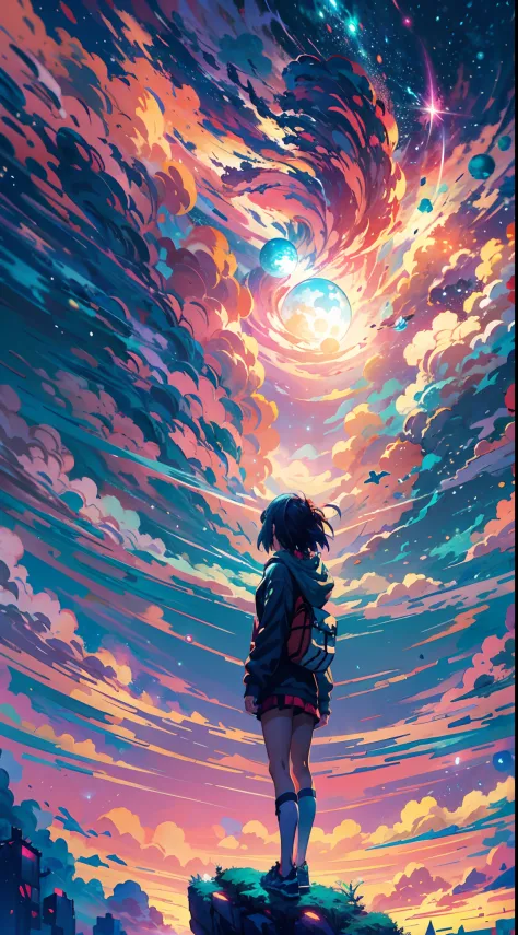 anime girl standing on a rock looking at a star filled sky, makoto shinkai cyril rolando, anime art wallpaper 4k, anime art wall...
