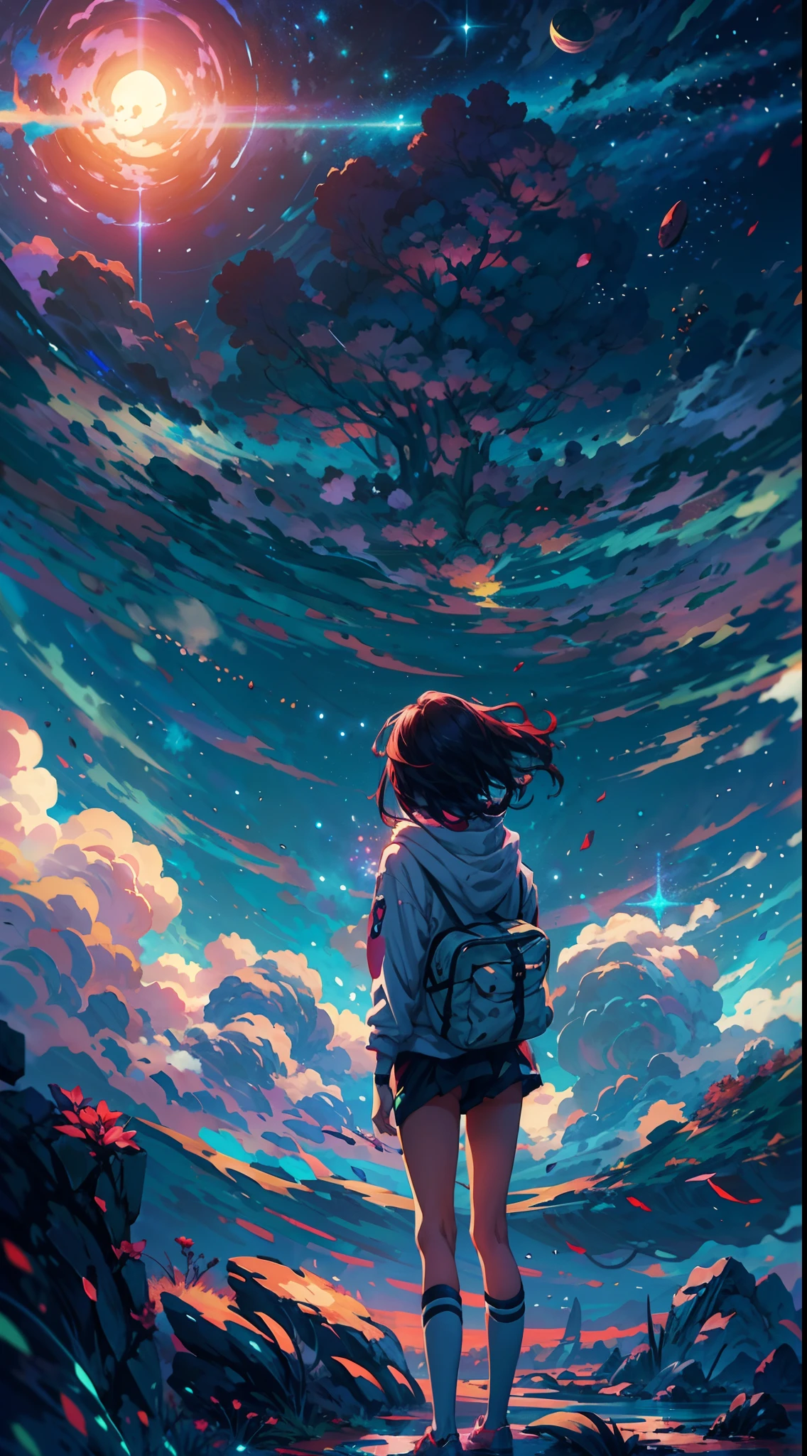 anime girl standing on a rock looking at a star filled sky, makoto ...