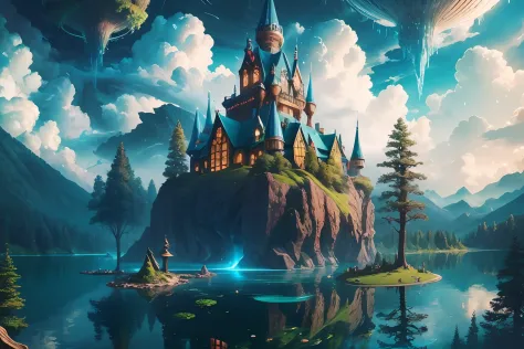 Elf Kingdom, house full of design, forest, lake, sky, clouds, fantasy incredible, supersaturated, surreal, Pixar style, high res...