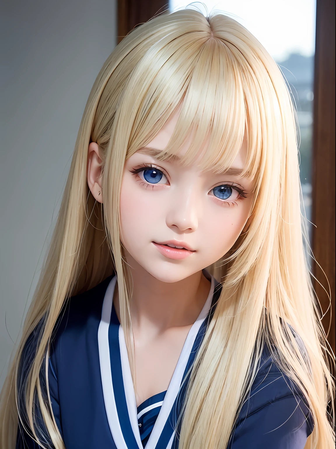 portlate、School Uniforms、bright expression、poneyTail、Young shiny shiny white shiny skin、Best Looks、Blonde reflected light、Blonde hair with dazzling highlights、shiny light hair,、Super long silky straight hair、Beautiful bangs that shine、Glowing crystal clear attractive big blue eyes、Very beautiful nice cute 16 year old girl、Lush bust