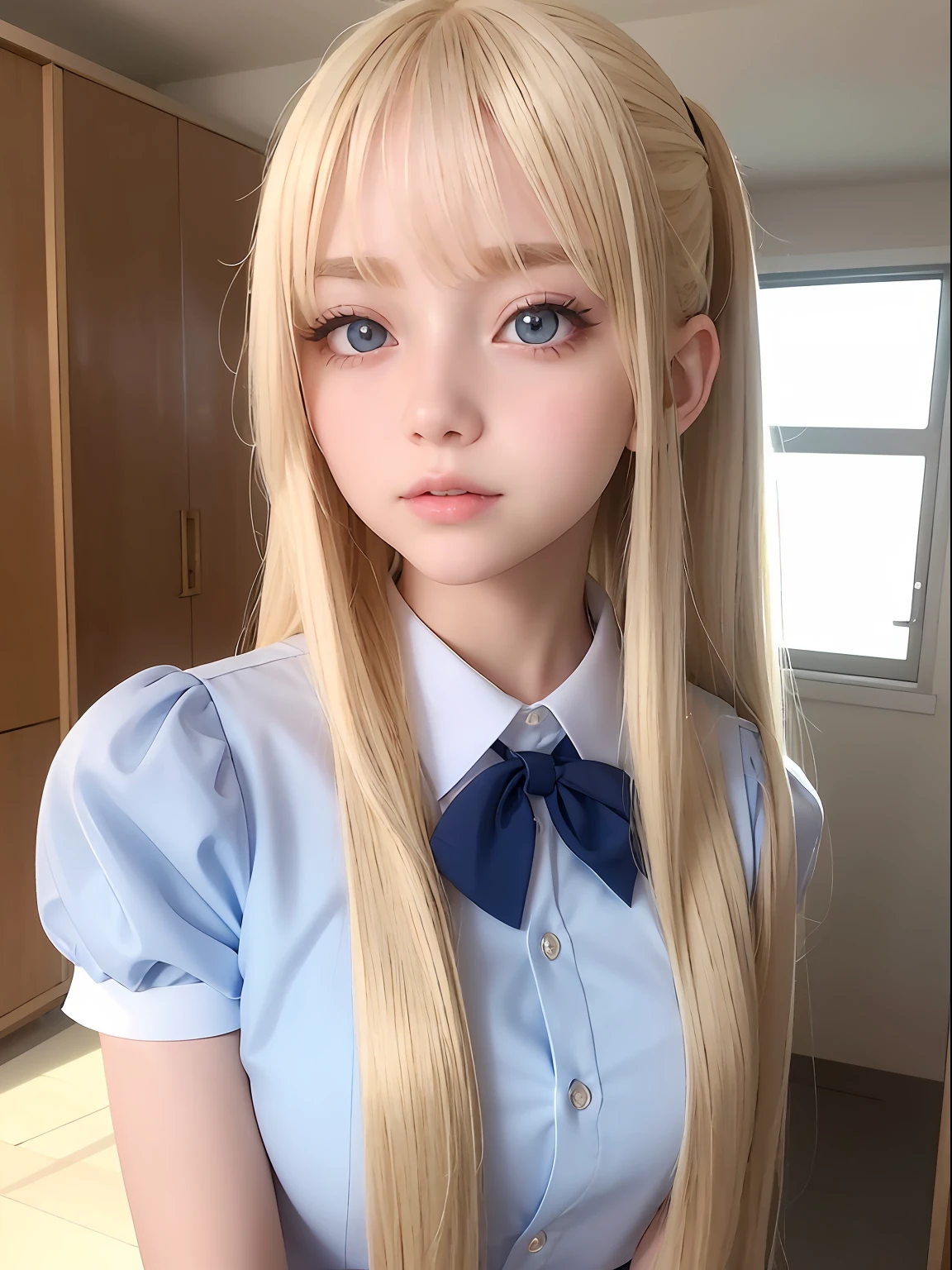 portlate、School Uniforms、bright expression、poneyTail、Young shiny shiny white shiny skin、Best Looks、Blonde reflected light、Blonde hair with dazzling highlights、shiny light hair,、Super long silky straight hair、Beautiful bangs that shine、Glowing crystal clear attractive big blue eyes、Very beautiful nice cute 16 year old girl、Lush bust