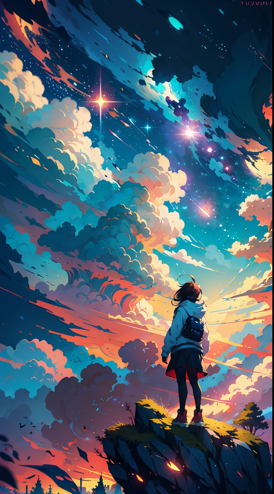 anime girl standing on a rock looking at a star filled sky, makoto shinkai cyril rolando, anime art wallpaper 4k, anime art wallpaper 4 k, anime art wallpaper 8 k, cosmic skies. by makoto shinkai, inspired by Cyril Rolando, in the style dan mumford artwork, amazing wallpaper, by Yuumei