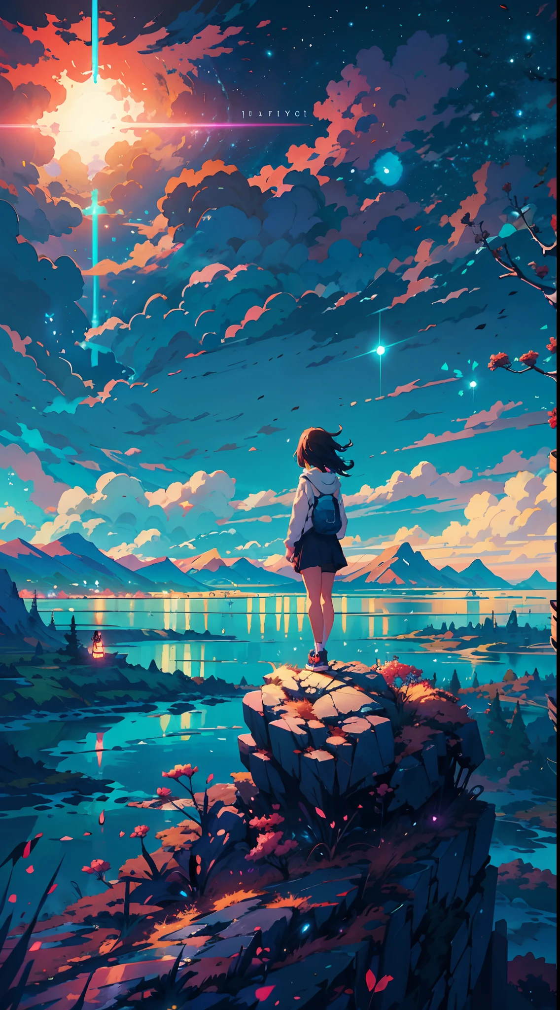 Anime-Mädchen steht auf einem Felsen und blickt in einen sternenübersäten Himmel, Makoto Shinkai Cyril Rolando, Anime-Kunst-Hintergrundbild 4K, Anime-Kunst-Tapete 4k, Anime-Kunst-Tapete 8 k, kosmischer Himmel. von Makoto Shinkai, Inspiriert von Cyril Rolando, im Stil von Dan Mumford, tolle Tapete, by Yuumei