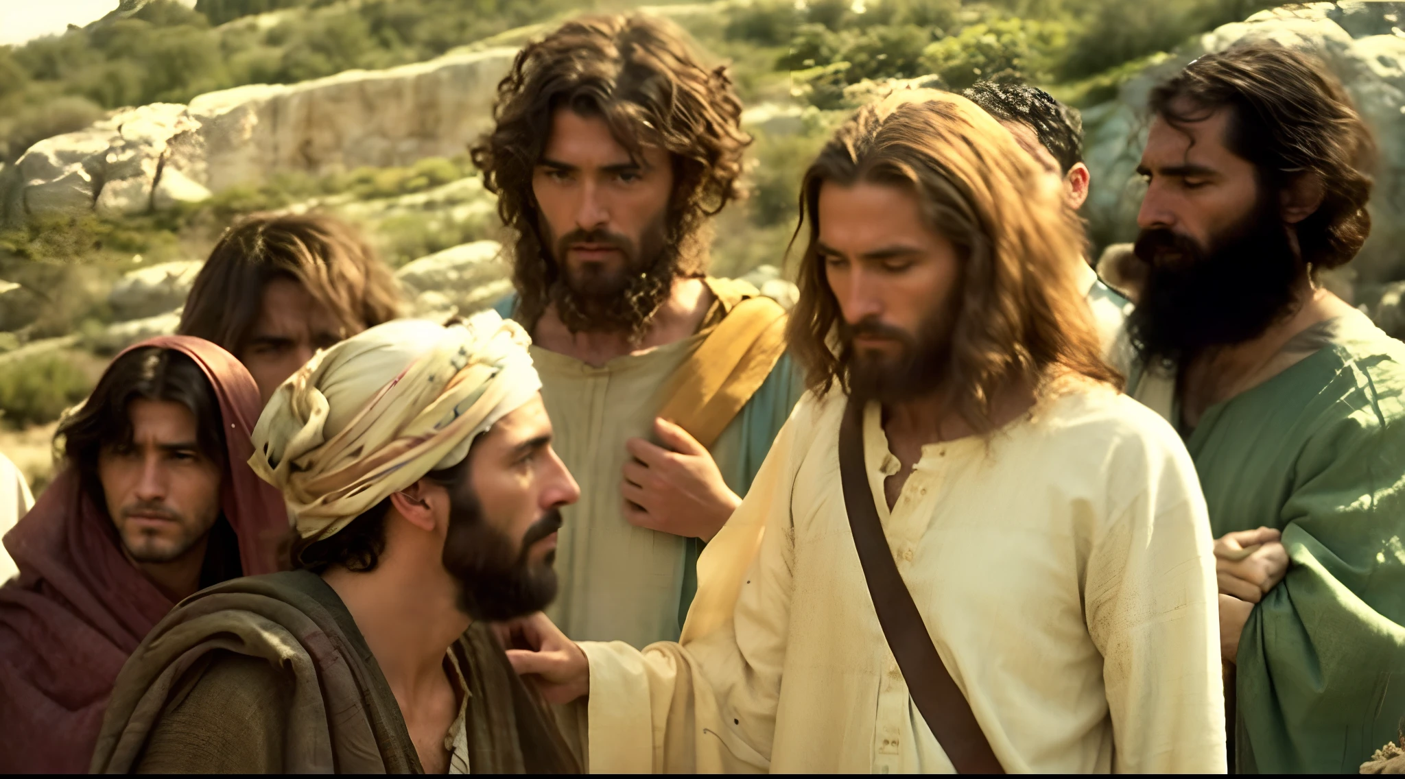 Modern portrait of Jesus with his disciples and a repentant man asking for forgiveness, cinematic lighthing, profundidade de campo, Bokeh, Realismo, fotorrealista, hiper-realismo, fotografia profissional, UHD, DSLR, HDR