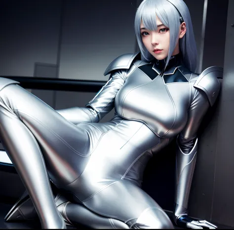A woman in a silver suit sits on a bench, with sleek silver armor, Armor Girl, cyborg - girl with silver hair, girl in mecha cyb...