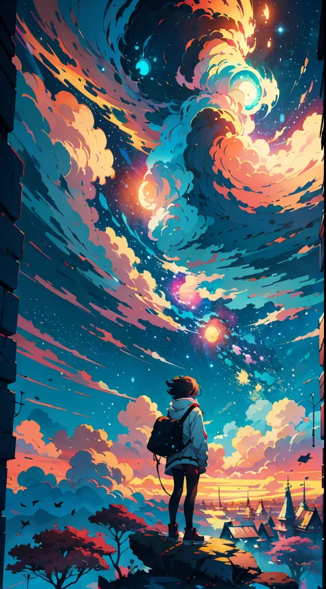 anime girl standing on a rock looking at a star filled sky, makoto shinkai cyril rolando, anime art wallpaper 4k, anime art wallpaper 4 k, anime art wallpaper 8 k, cosmic skies. by makoto shinkai, inspired by Cyril Rolando, in the style dan mumford artwork...