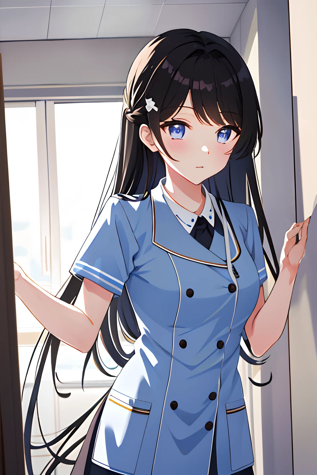 TachibanaHinano， 1girl， 独奏， long whitr hair， mediuml breasts， （split color hair， Black hair， Dark black hair： 1.3）， eBlue eyes， ssmile， standing on your feet， dynamicposes， 8k， tmasterpiece， best qualtiy， absurderes， Perfect anatomy， cinmatic lighting， cowboy lens， （nurses uniform：1.1）， （hospitals、surgery room：1.1）