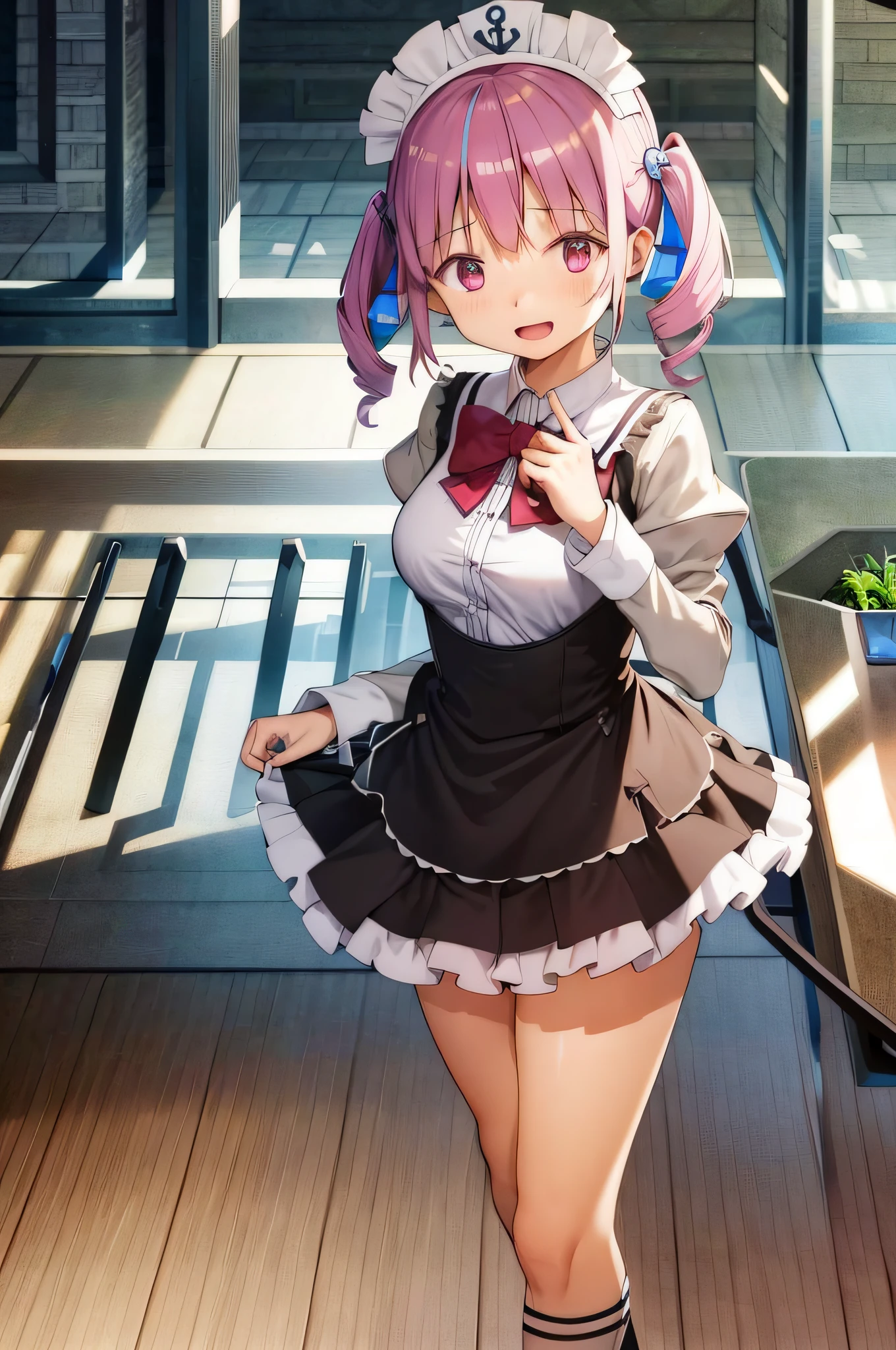 2D, masutepiece, Best Quality, Anime, Highly detailed face, Highly detailed eyes, Highly detailed background, Perfect Lighting, Full body, 1girl in, Solo, Open mouth, Smile, Twin-tailed, Drill Hair, Cowboy Shot, Standing,school uniform, black skirt, happy,maid headdress