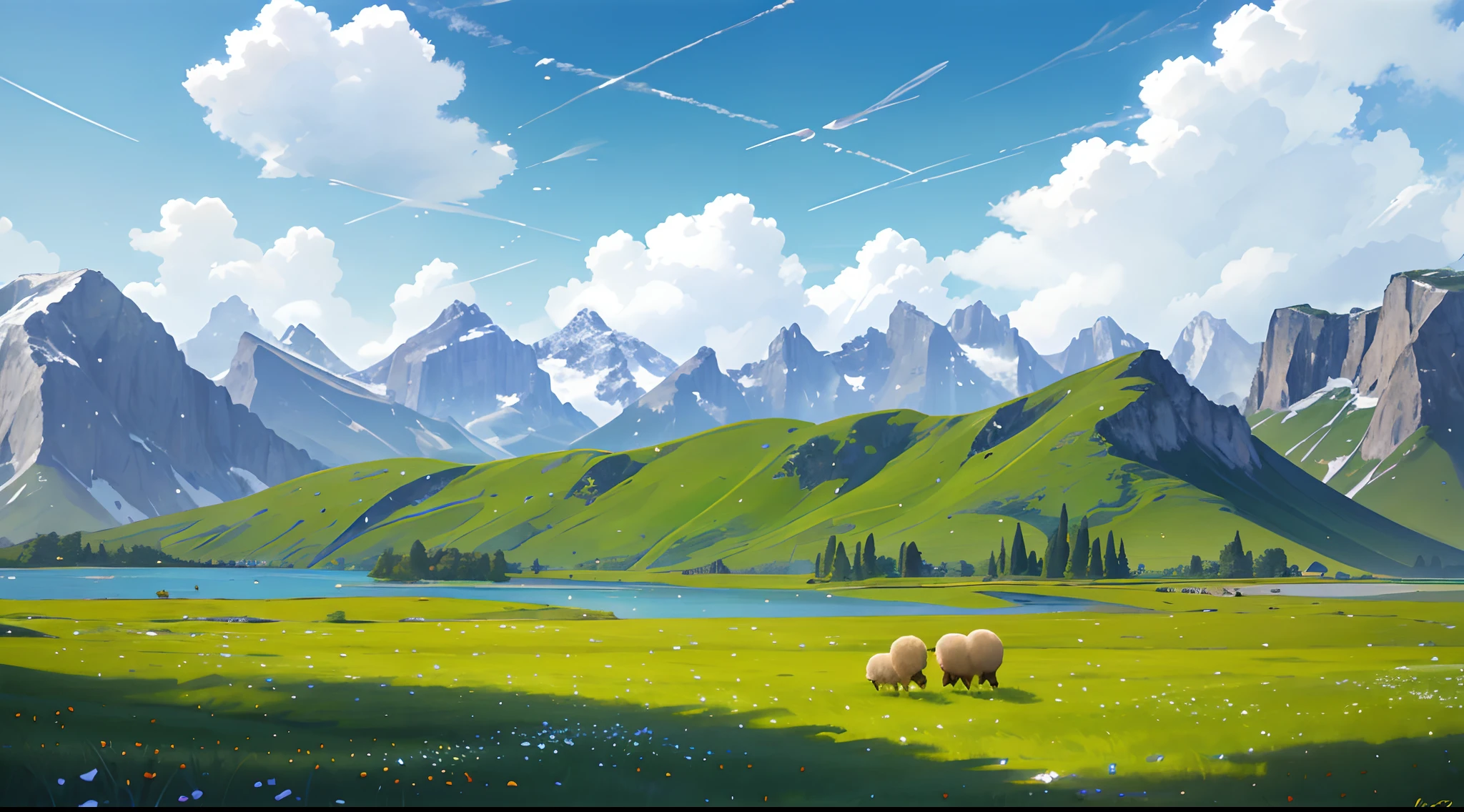 Summer, meadows, a few small flowers, clear lakes, sheep - SeaArt AI