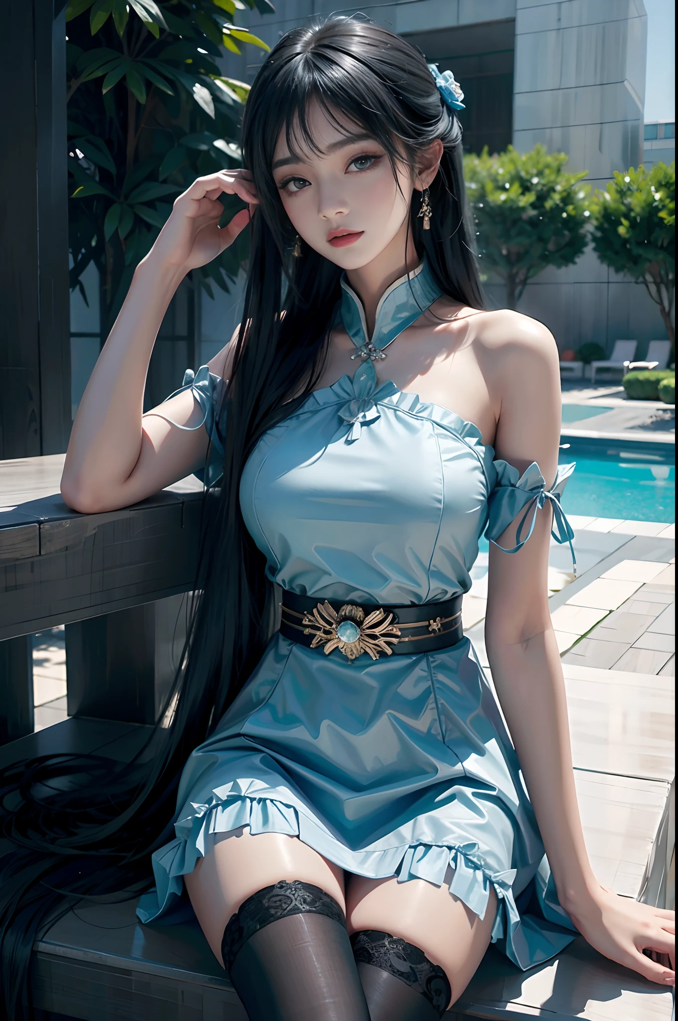 (best qualtiy, 8K, tmasterpiece:1.3)，One hand on the ground, the other ruffling the hair，Sit by the pool with your legs crossed，wearing blue dress，blackstockings，Break through the sky，Xiao Xun'er costume，exquisite facial features，Smoky makeup，lipsticks，Girl in Hanfu,Anime girl cosplay，very pretty girl，1girll。