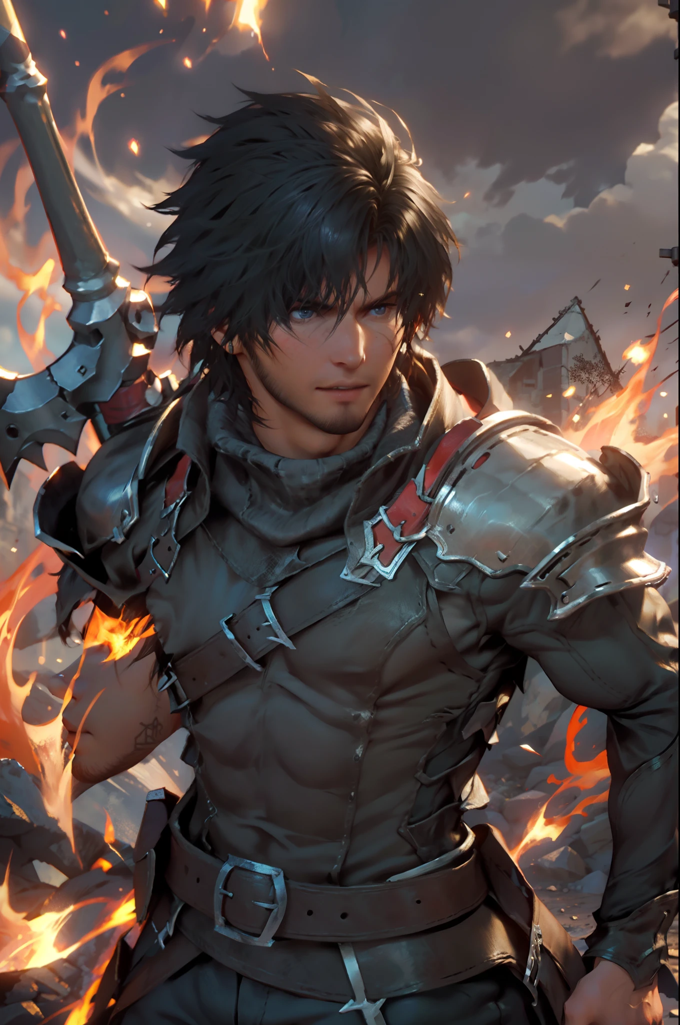 (absurdities, High Resolutions, ultra detailed, HdR), masterpiece, The best quality, final fantasy xvi, clive rosfield, 1man only, handsome, short hair, black hair, vibrant blue eyes, fine eyes and detailed face, armor, ((Intricate weapon)), combat pose,  over hill, fire flames behind, affected smile, annoying.