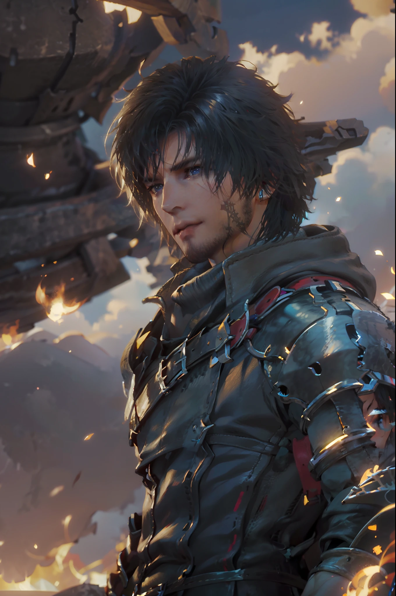 (absurdities, High Resolutions, ultra detailed, HdR), masterpiece, The best quality, final fantasy xvi, clive rosfield, 1man only, handsome, short hair, black hair, vibrant blue eyes, fine eyes and detailed face, armor, ((Intricate weapon)), combat pose,  over hill, fire flames behind, affected smile, annoying.