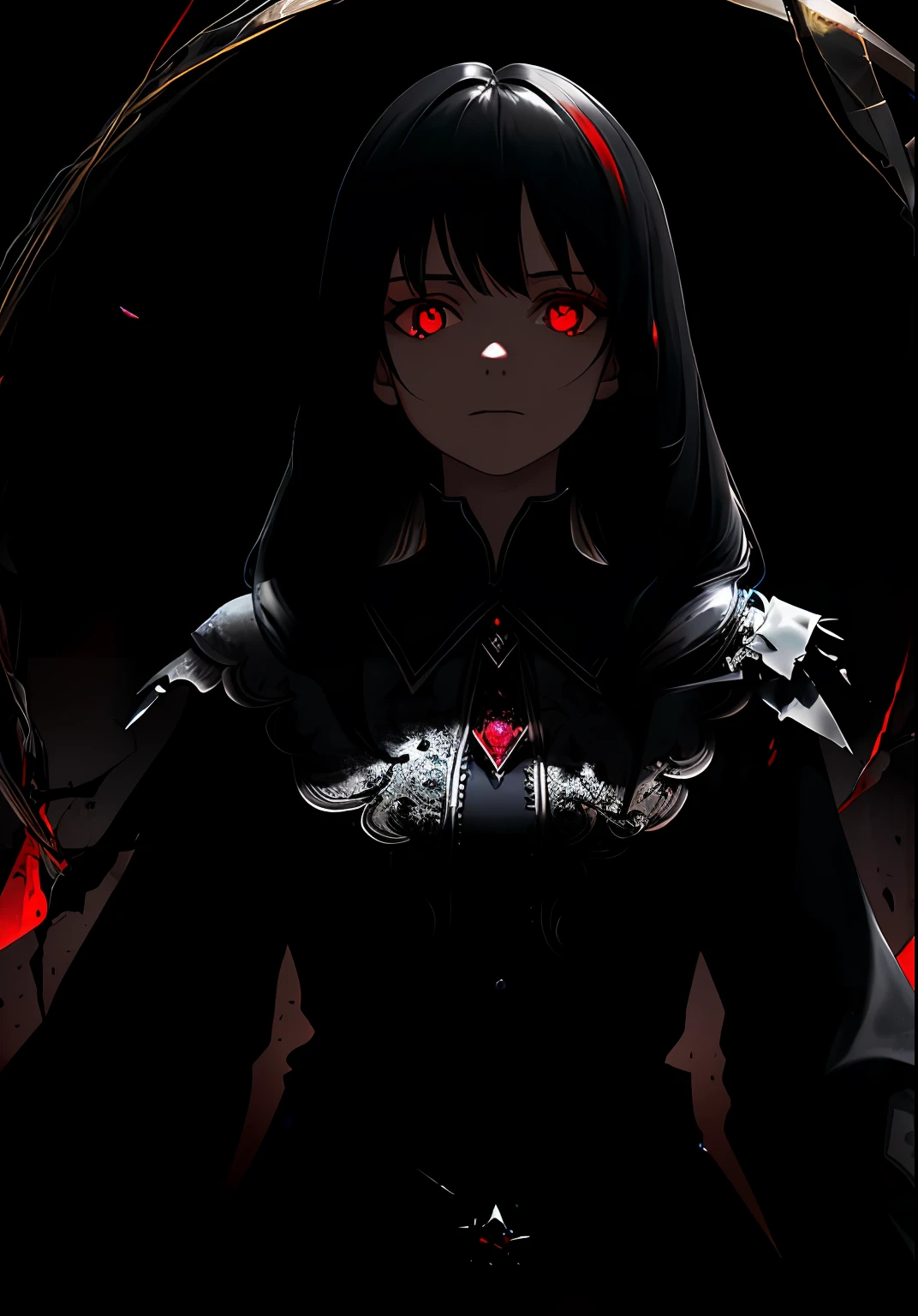 Anime girl with red eyes and black hair in a dark room - SeaArt AI