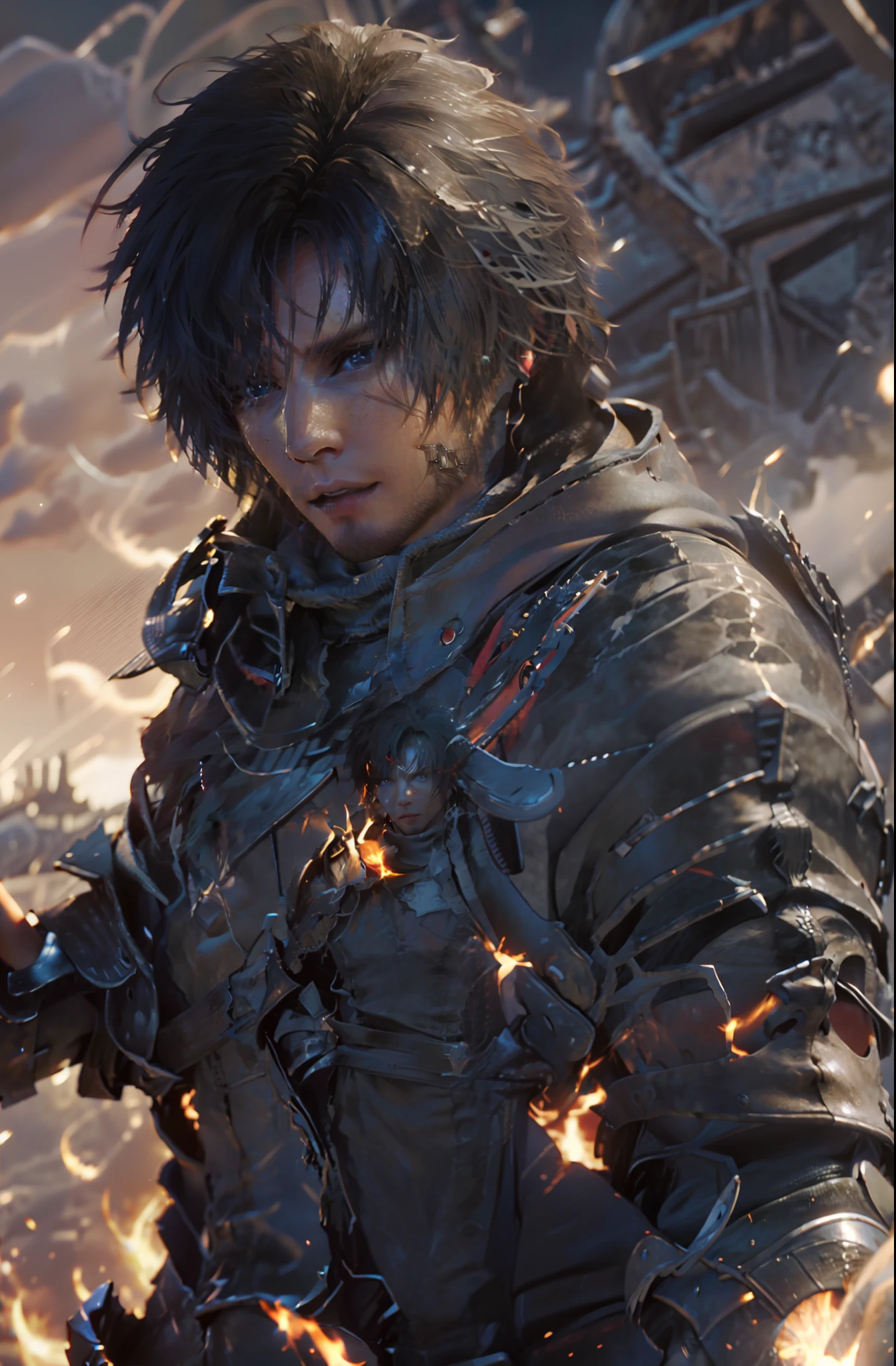 (absurdities, High Resolutions, ultra detailed, HdR), masterpiece, The best quality, final fantasy xvi, clive rosfield, 1man only, handsome, short hair, black hair, vibrant blue eyes, fine eyes and detailed face, armor, ((Intricate weapon)), combat pose,  over hill, fire flames behind, affected smile, annoying.