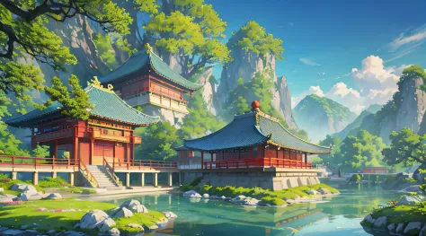 Chinese ancient times, dreamy Chinese town, sky city, Ancient city, spring, cloud, jungle, lake, cave, waterfall, tree, meadow, rock, deer, hot spring, water vapor, (illustration: 1.0), epic composition, realistic lighting, HD details, masterpiece, best qu...