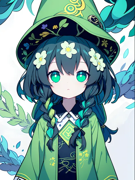 1girl in, twin_Braids,A dark-haired, tiny girl, 10yaers old, The upper part of the body, Simple green witch big hat and green ro...
