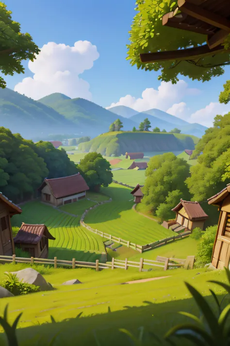 Close-up of ancient country cartoon style scene, Feudal ancient rural environment, Ancient countryside, rustic, Anime countrysid...