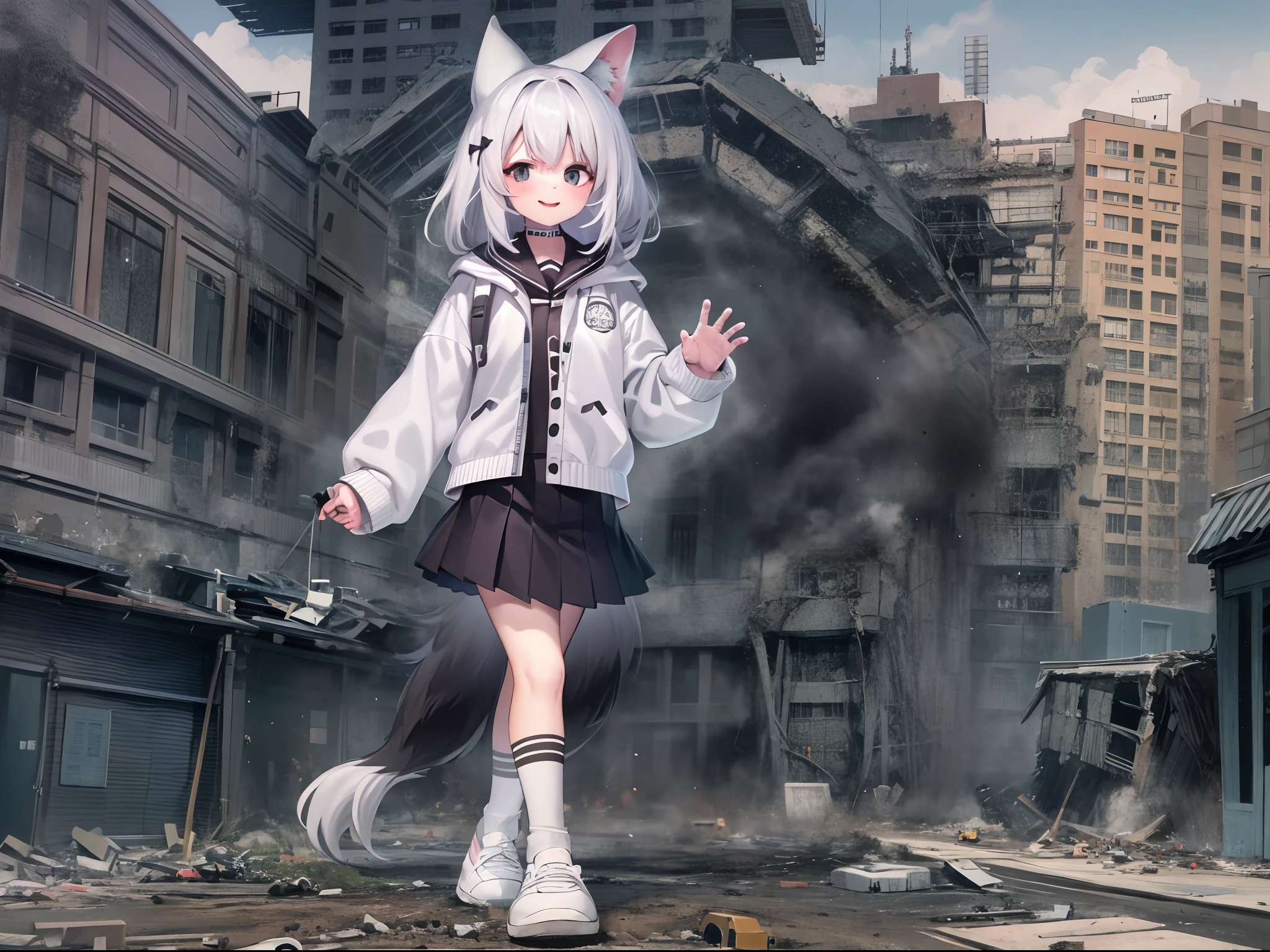 1girll, Two legs, Two hands, Bigger than the building, White jacket, Animal hood, White socks, Sneakers, Open jacket, Pleated skirt, Black skirt, Black sailor collar, Black choker, school uniform, Black shirt, puffy long sleeves, standing, Smile, Naughty, Anatomically correct, Textured skin, GTSCity, Destroyed buildings, City model,