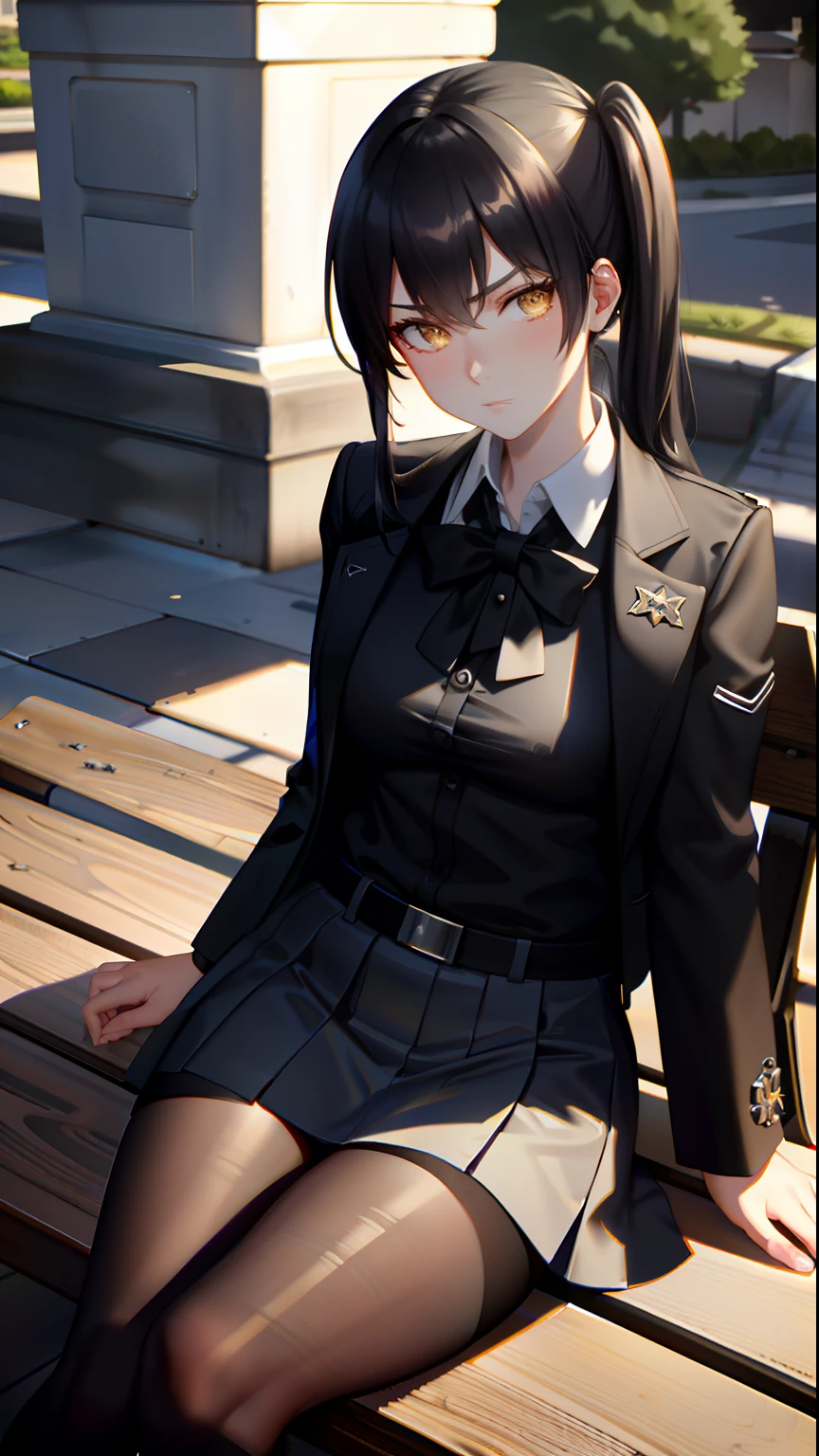 ​masterpiece, top-quality,  Detailed details, Detailed landscapes, beatiful lights, Beautiful Shadows, 1girl in, 18year old,troubled look,a miniskirt,School uniform,look from down, detailed skin textures, Tyndall effect,sit on a bench,cross one's legs,