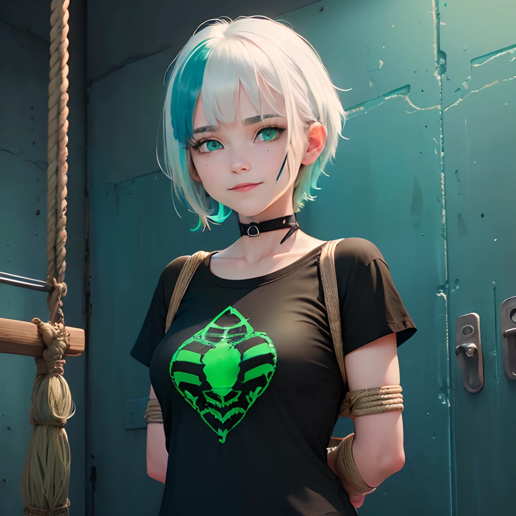 Slightly happy, Short hair, white hair, ((white hair with ((blue tips)))), blue dye, (((((green eyes))))), ((small breasts)), arms behind back, (((white rope, rope, bondage, shibari))), basement, casual clothes, dark clothes, ((((black t-shirt)))), best quality, high-res, masterpiece, (((mature, woman))), (((fully clothed))), waist up, gag