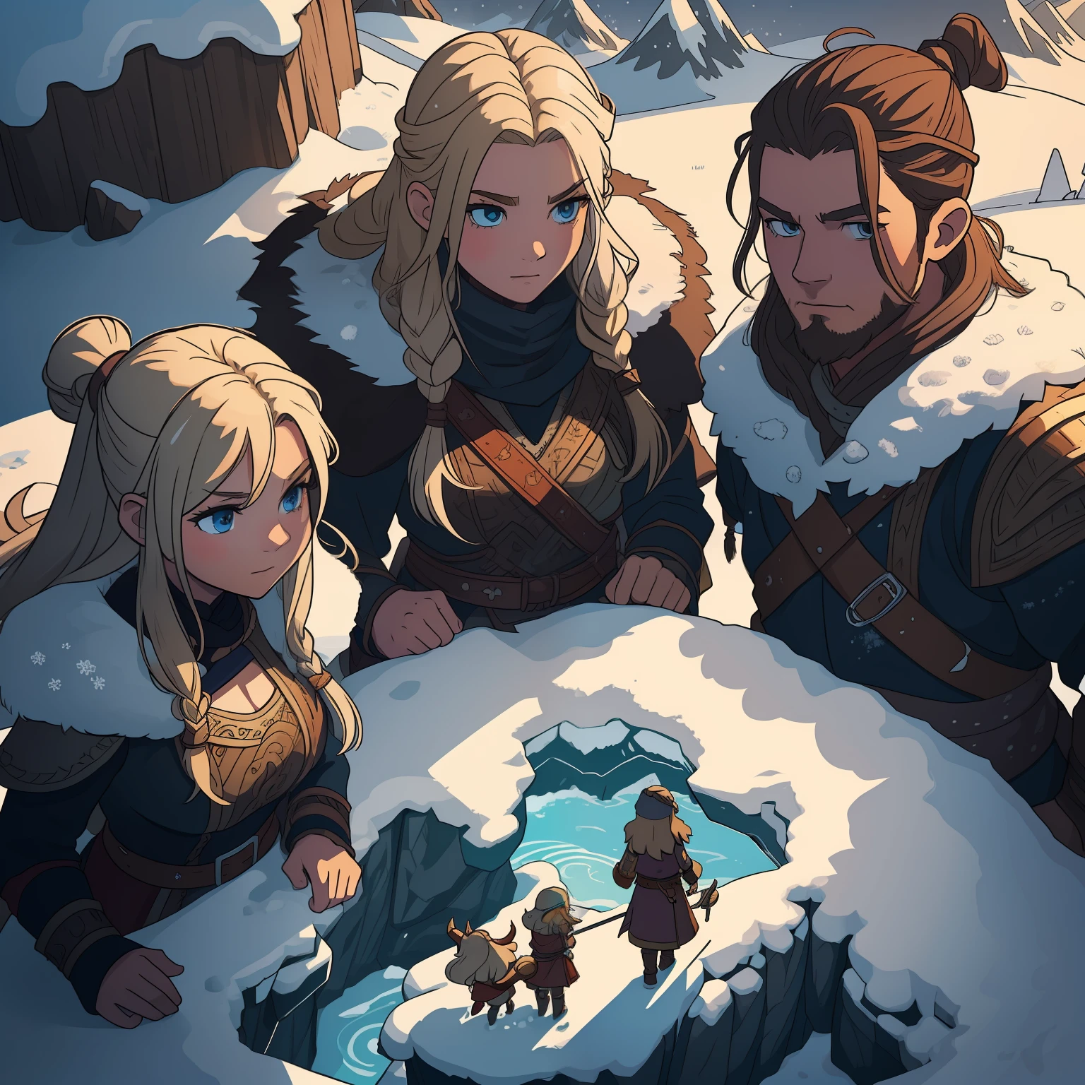 (masterpiece), best quality,4 Viking characters (2 girls and 2 men's)  on snow mountain landscape,  (game title),intro,(animated ).(2d game platformed style),(vector flat art style) .