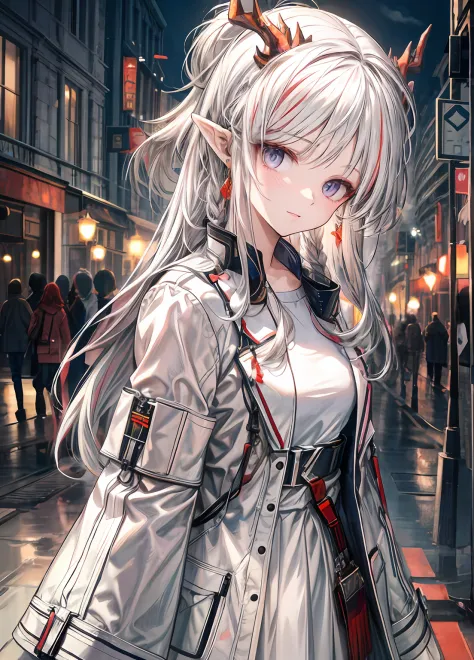 Amidst the vibrant rhythm of a modern fantasy city, A young woman with long white hair advances with a presence that fuses the m...