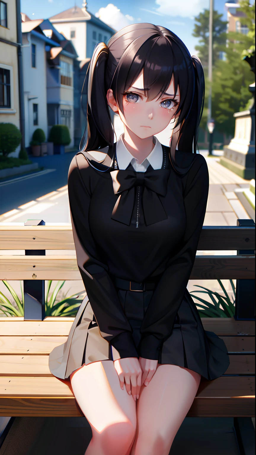 ​masterpiece, top-quality,  Detailed details, Detailed landscapes, beatiful lights, Beautiful Shadows, 1girl in, 18year old,Black eyes,troubled look, Bring tears to your eyes,a miniskirt.School uniform,(low angles), detailed skin textures, Tyndall effect,sit on a bench,cross one's legs,