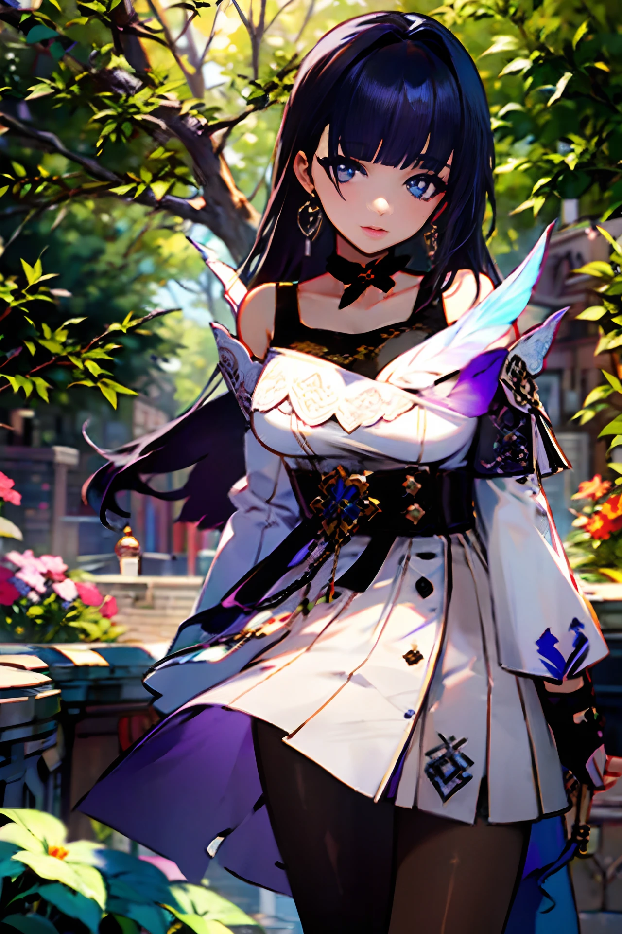 (masterpiece, best quality, ultra-detailed, beautiful detailed eyes:1.2), nice hand, perfect hands, 1girl, raiden mei, single glove, earrings, dress, choker, tank top, cowboy shot, pantyhose, garden, tree, outdoors, bokeh, depth of field