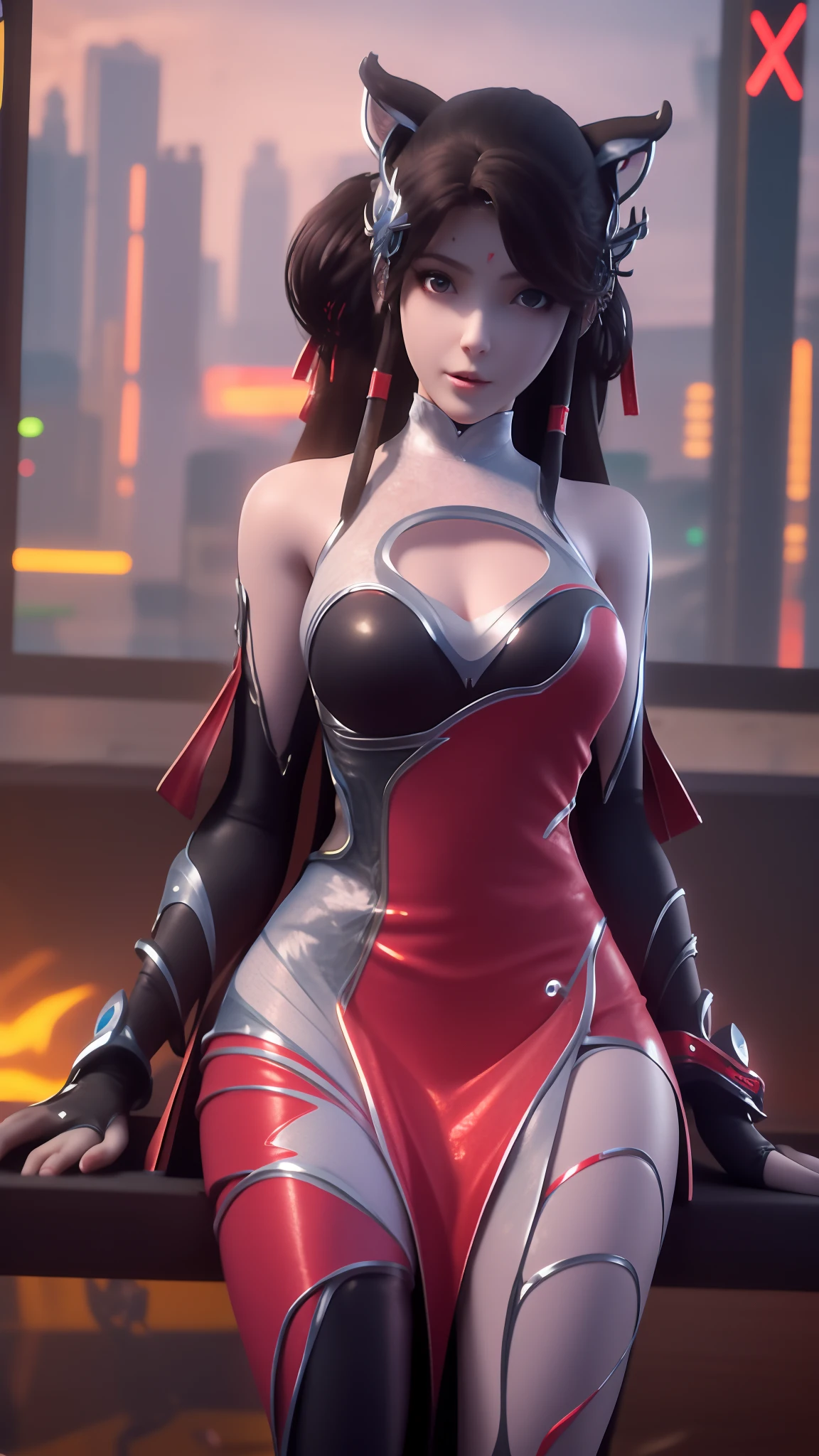 Há uma mulher sentada em uma cadeira，Vestindo uma fantasia de gato, garota de anime cyberpunk, female garota de anime cyberpunk, garota da escola cibernética, cyberpunk 2 0 anos. oh garota modelo, garota cyberpunk sonhadora, Digital arte de anime cyberpunk, estilo cyberpunk silenciado, Trajes ciberpunk, arte cyberpunk de anime, tendências no cgstation, garota de anime cyberpunk mech, arte de anime cyberpunk, mulher fatal cyberpunk